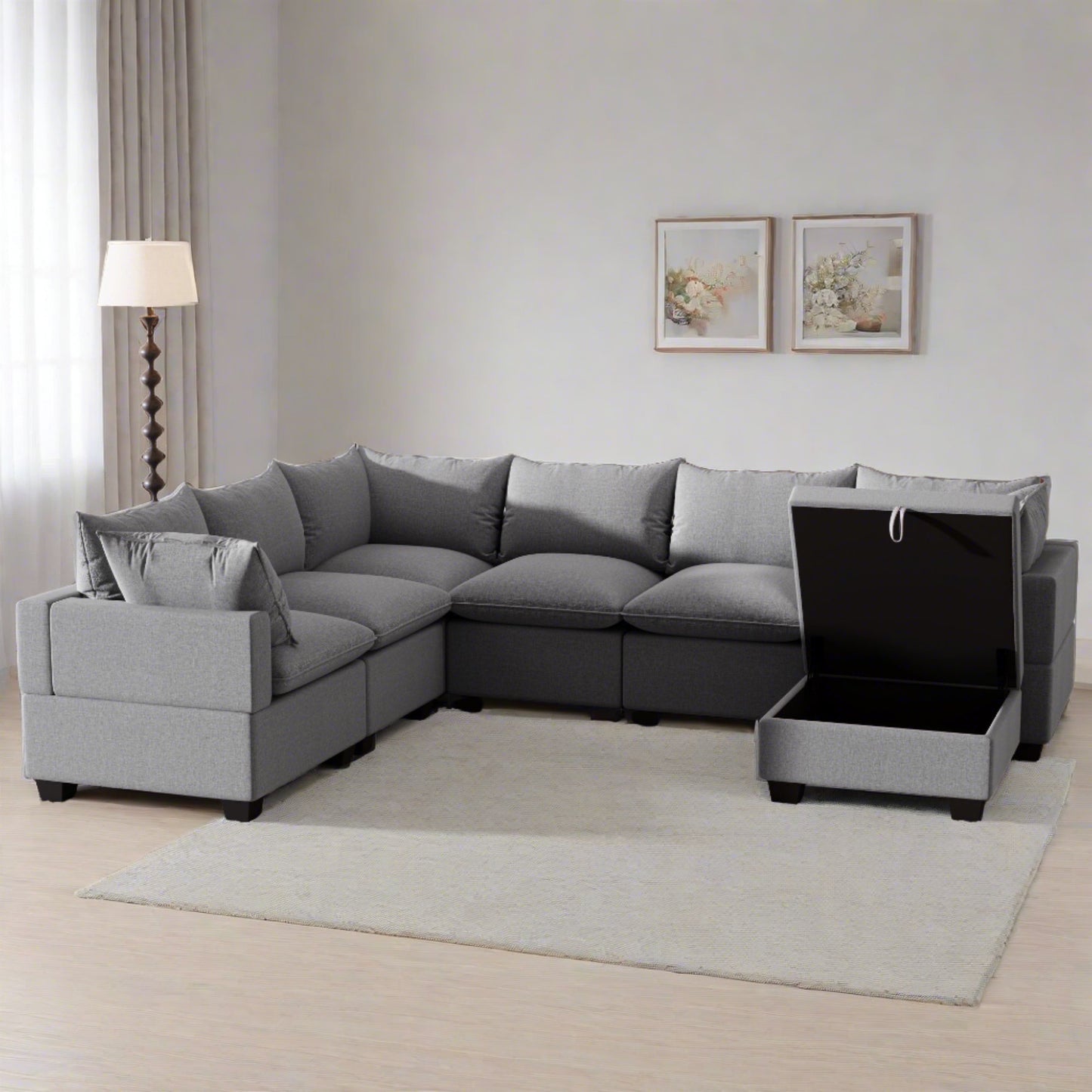 U Shaped Sectional, Modular Sofa with Ottoman and Storage, Gray