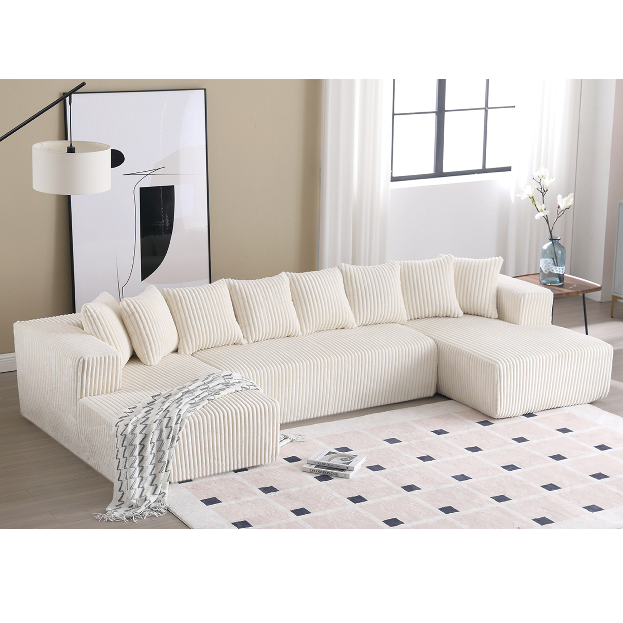 Modular U Shaped Sectional, Corduroy Couch with Double Chaise, White