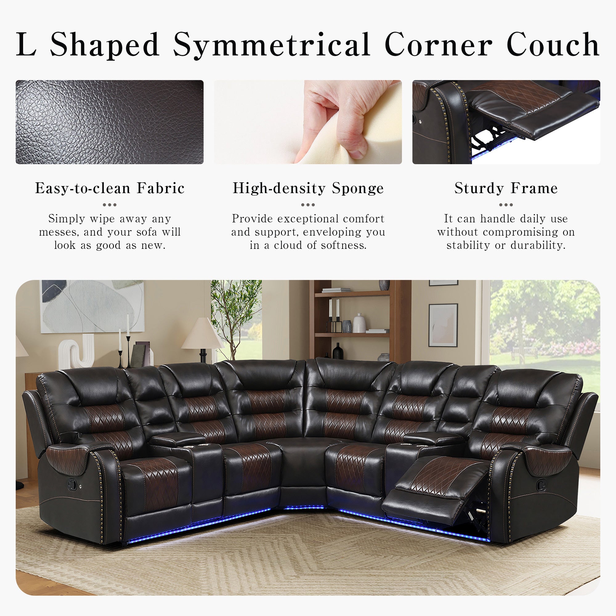 Luxury Reclining Sofa, Corner Sectional Couch Recliner, Brown