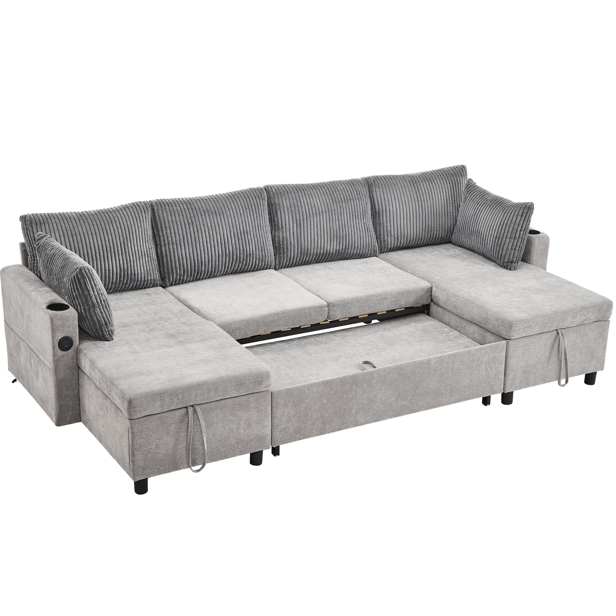 Corduroy Couch with Chaise Sleeper, Sectional Sofa Pull-Out, Grey
