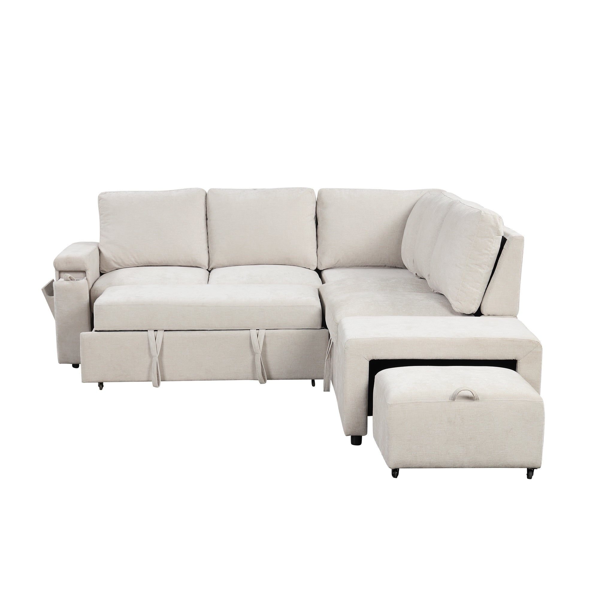 Sleeper Sectional, Sofa L Shape, Couch with Ottoman and Storage, Beige