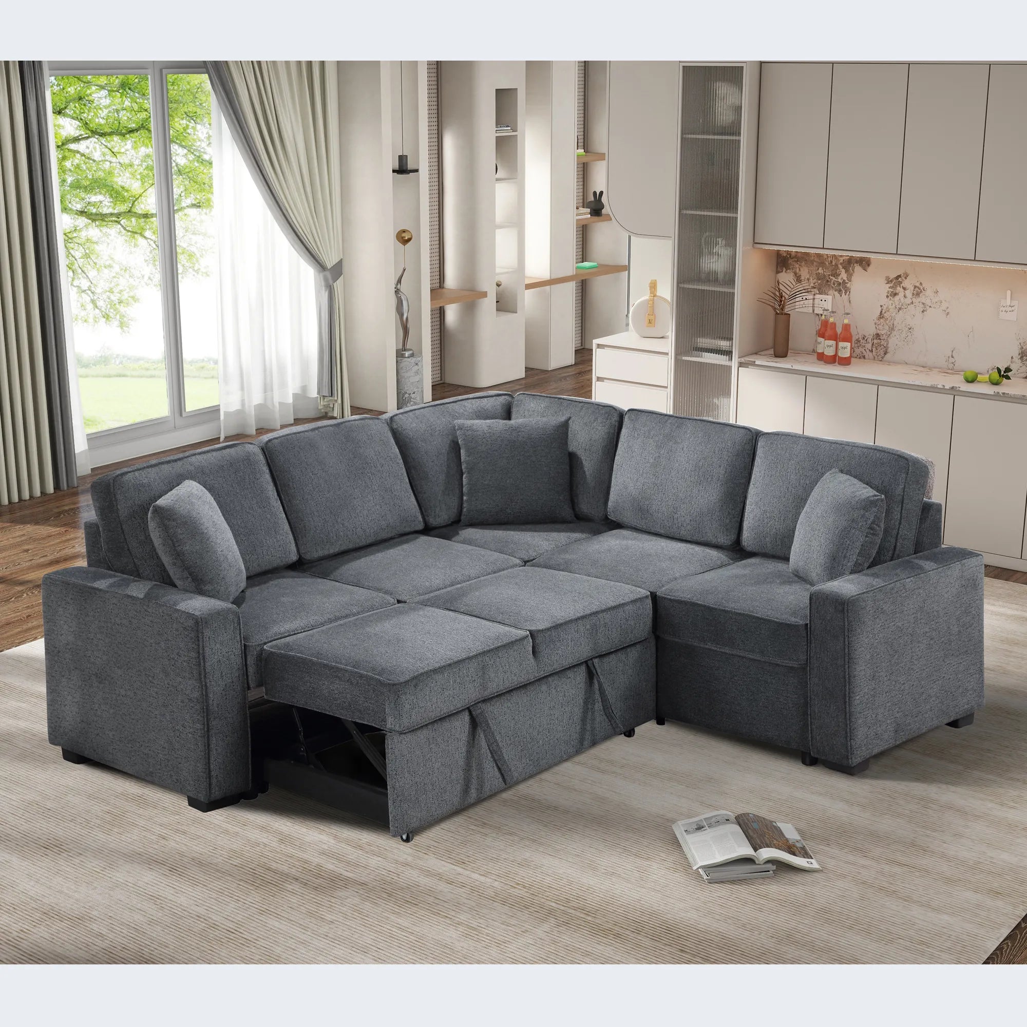 Louie Sleeper Sectional, Couch L Shape - Gray