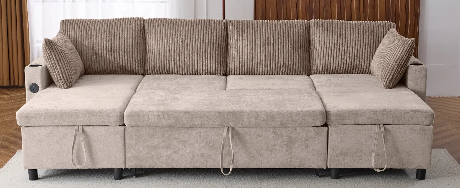 Corduroy Couch with Chaise Sleeper, Sectional Sofa Pull-Out, Brown
