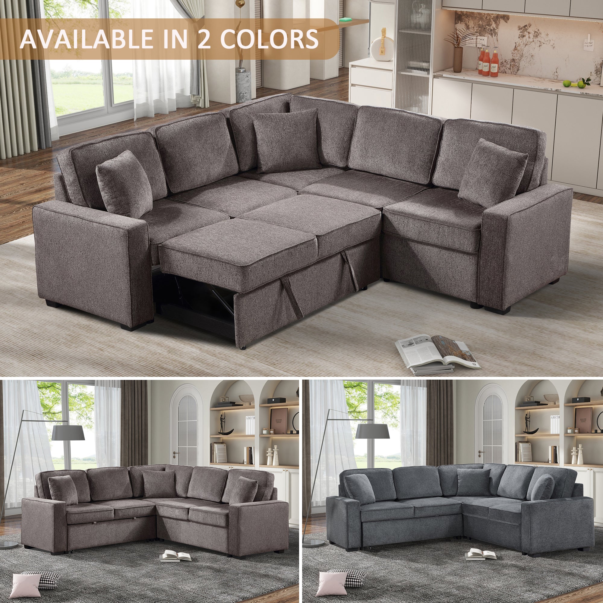 Louie Sleeper Sectional, Couch L Shape - Brown