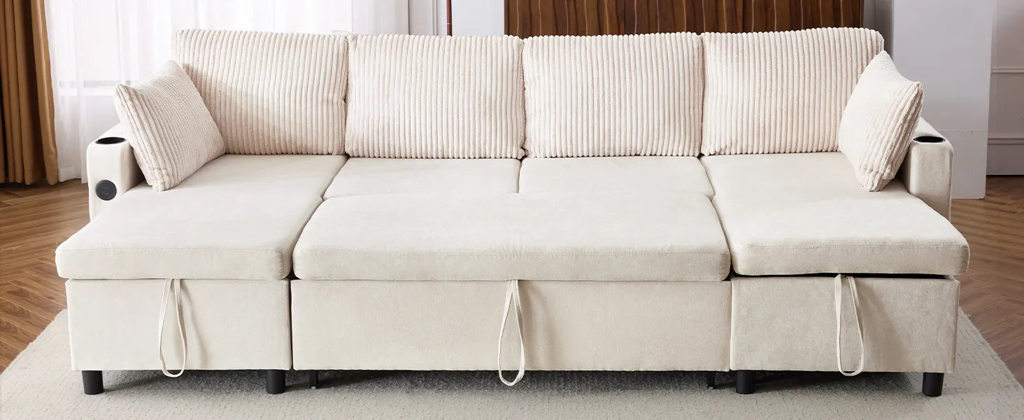 Corduroy Couch with Chaise Sleeper, Sectional Sofa Pull-Out, Beige