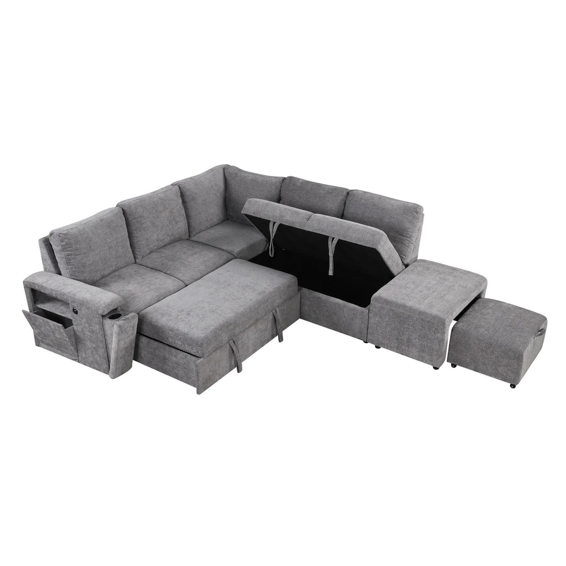 Sleeper Sectional, Sofa L Shape, Couch with Ottoman and Storage, Gray