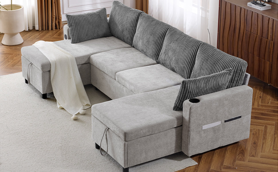 Corduroy Couch with Chaise Sleeper, Sectional Sofa Pull-Out, Grey