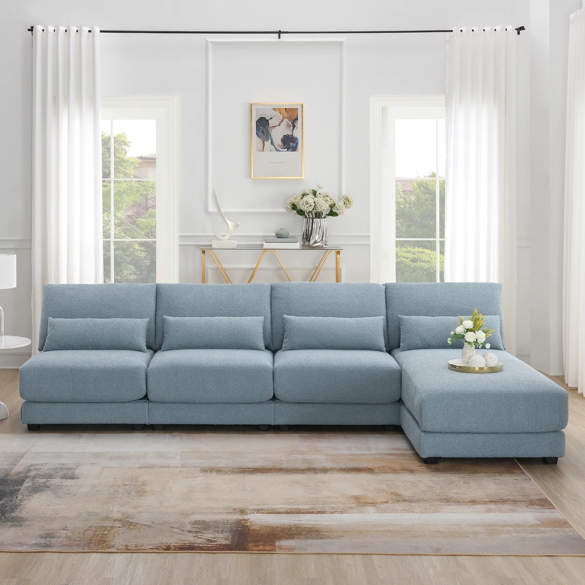 L Shape Couch, Deep Seat Sectional Sofa with Reversible Chaise, Blue