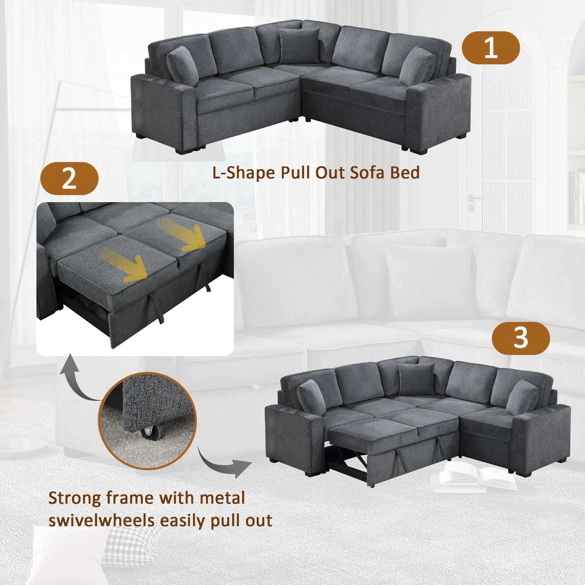 Louie Sleeper Sectional, Couch L Shape - Gray
