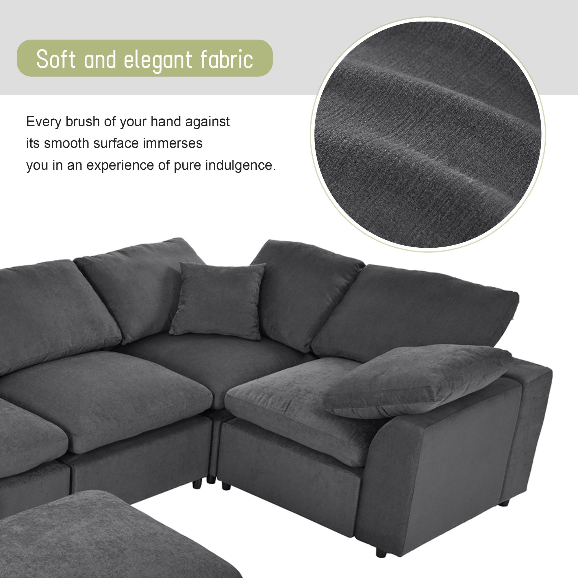 Large Modular Couch, U Shaped Sectional Sofa with Ottoman, Grey