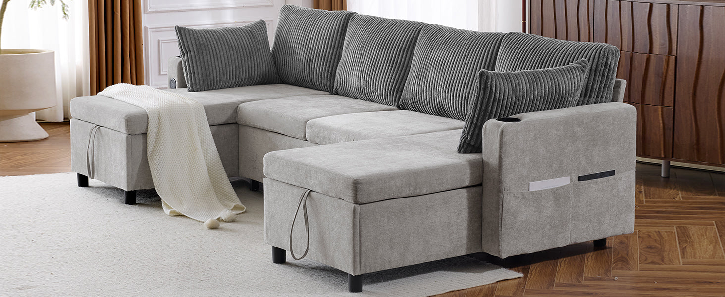 Corduroy Couch with Chaise Sleeper, Sectional Sofa Pull-Out, Grey