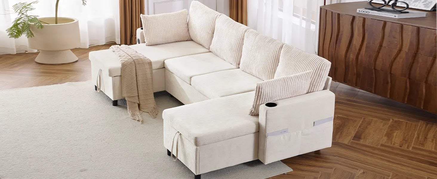 Corduroy Couch with Chaise Sleeper, Sectional Sofa Pull-Out, Beige