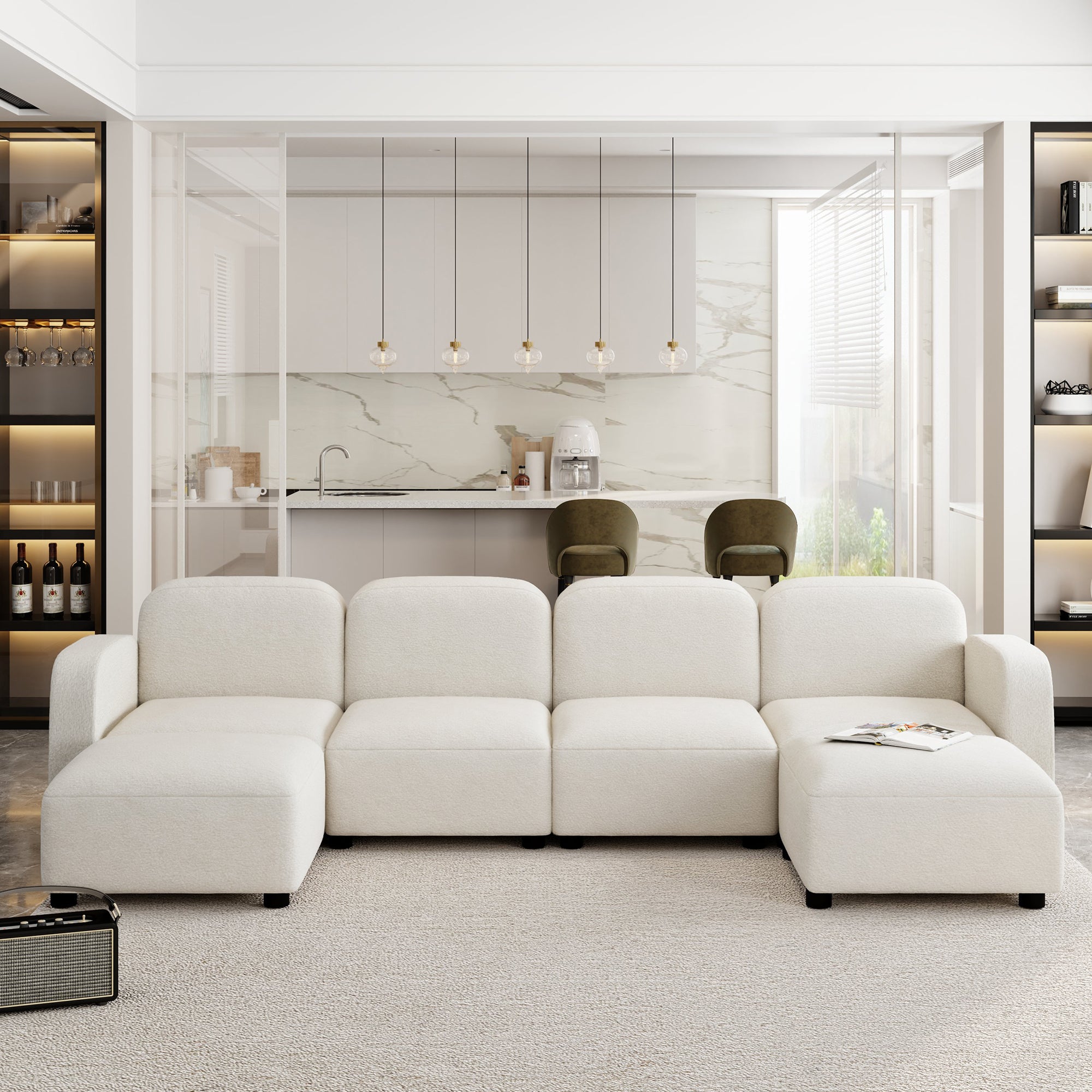 Modern U Shaped Sectional, Modular Comfy Couch with Ottoman, Beige
