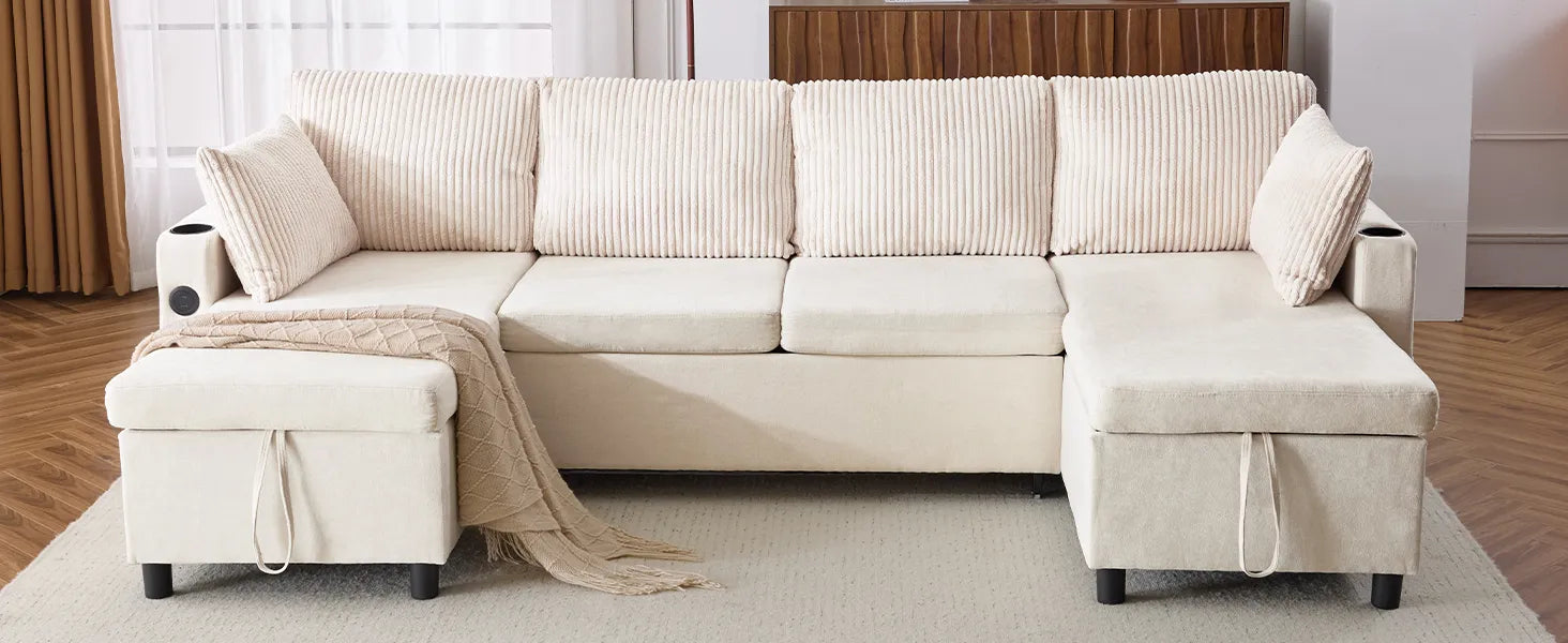 Corduroy Couch with Chaise Sleeper, Sectional Sofa Pull-Out, Beige