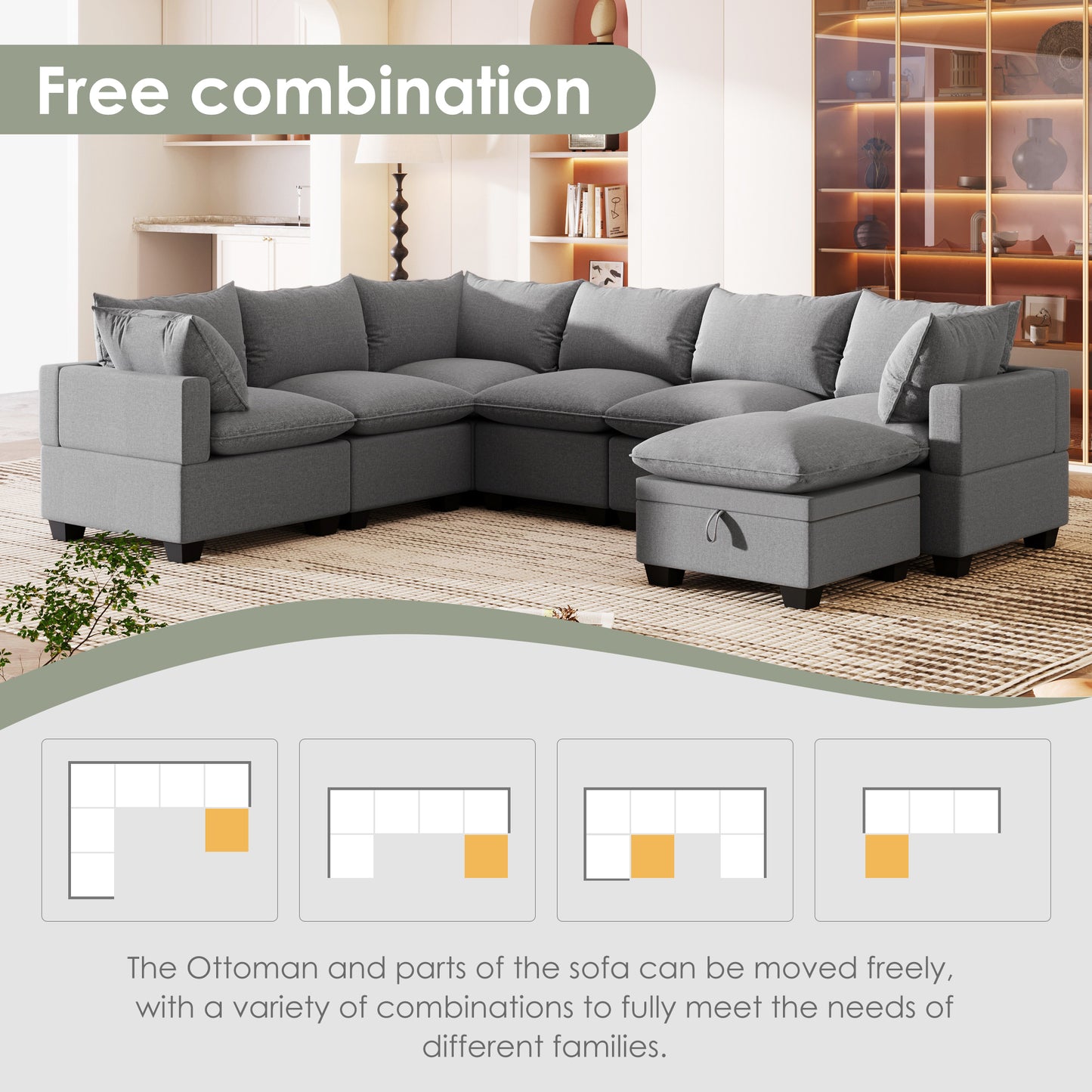 U Shaped Sectional, Modular Sofa with Ottoman and Storage, Gray