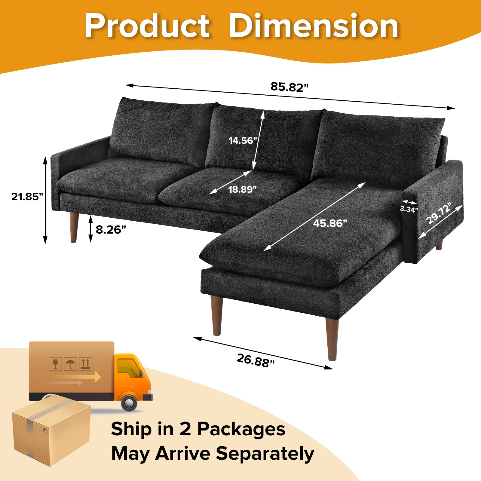 Louie Small Velvet Couch, L Shape Sofa with Chaise, Black
