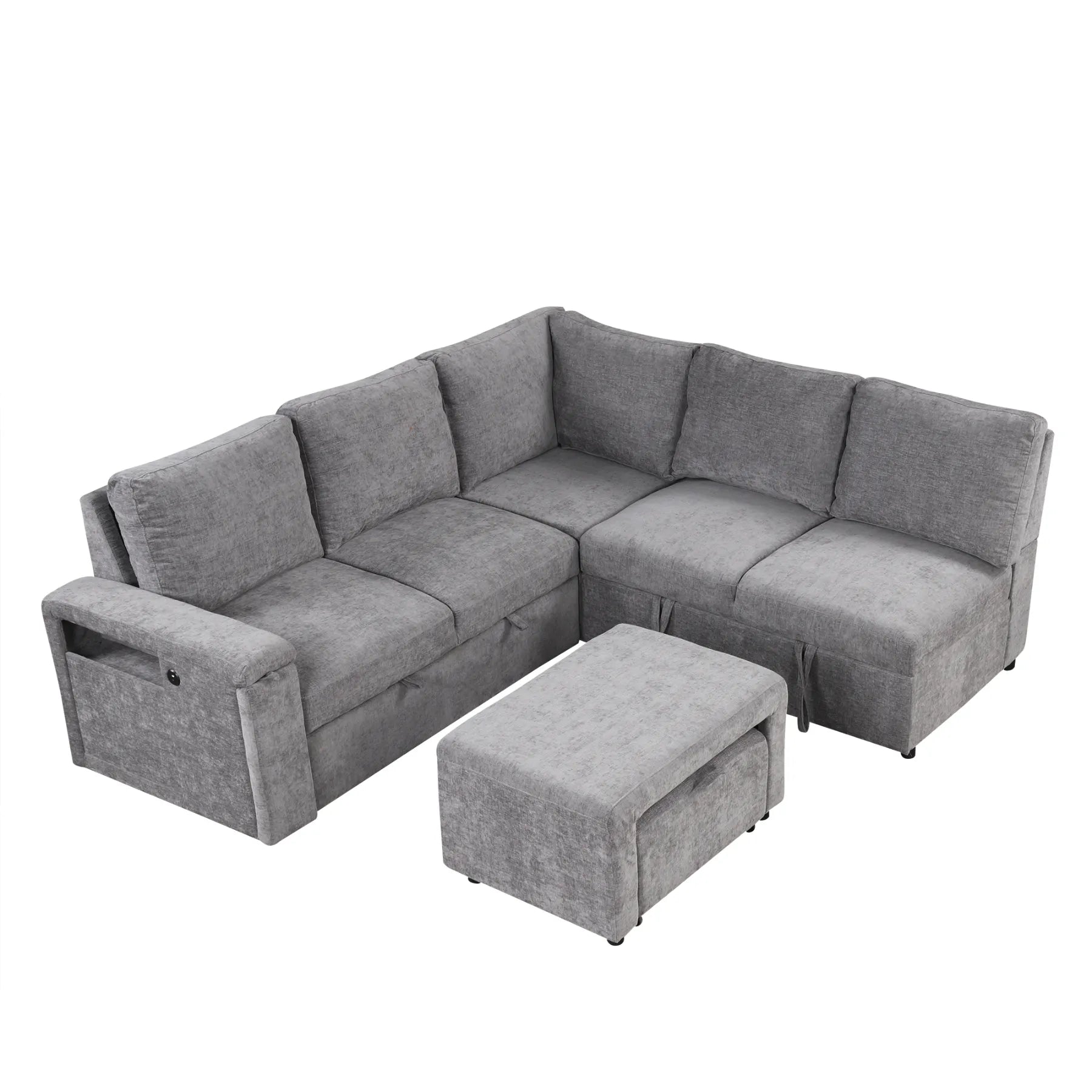 Sleeper Sectional, Sofa L Shape, Couch with Ottoman and Storage, Gray