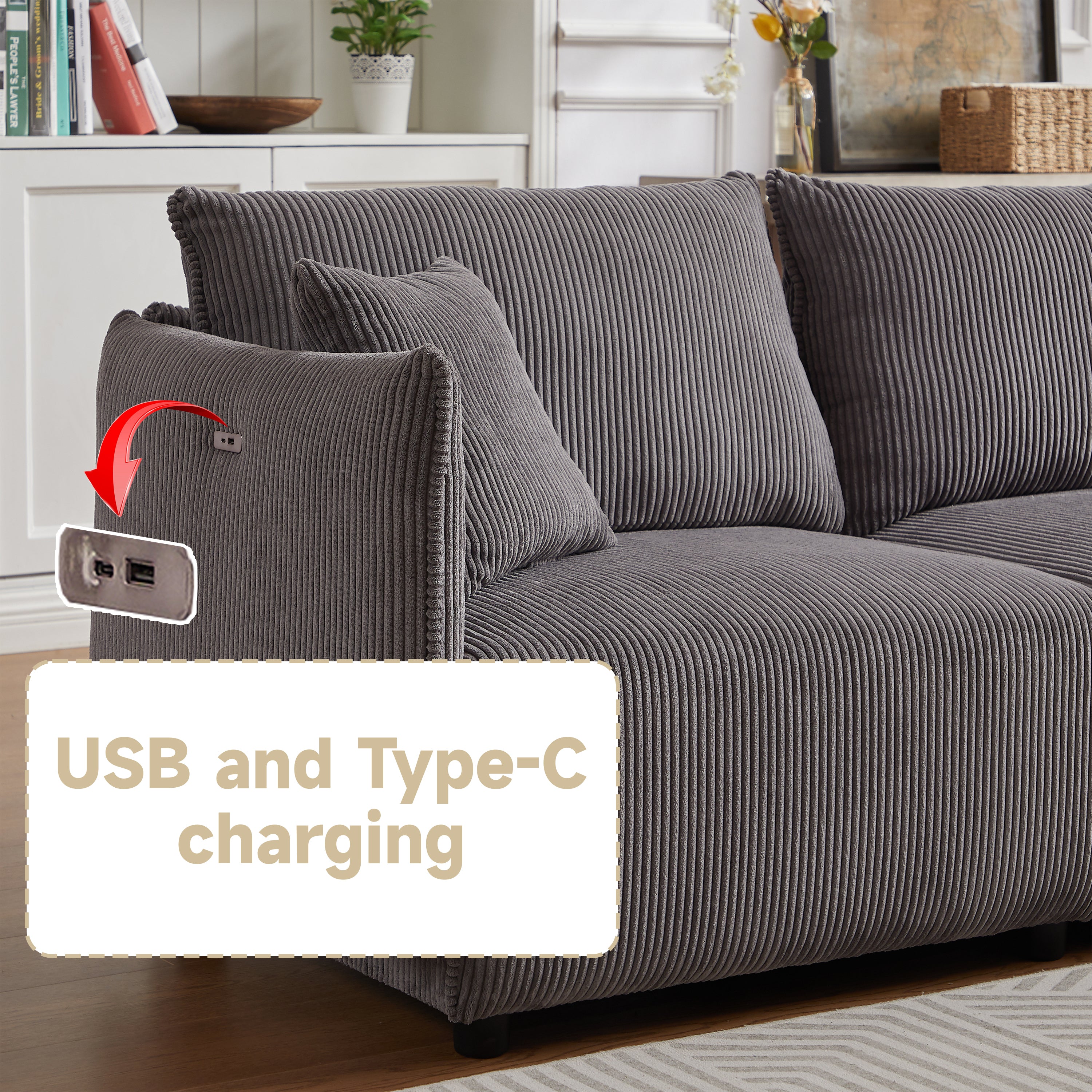 L Shape Modular Sectional Sofa, Corduroy Couch with Ottoman - Gray