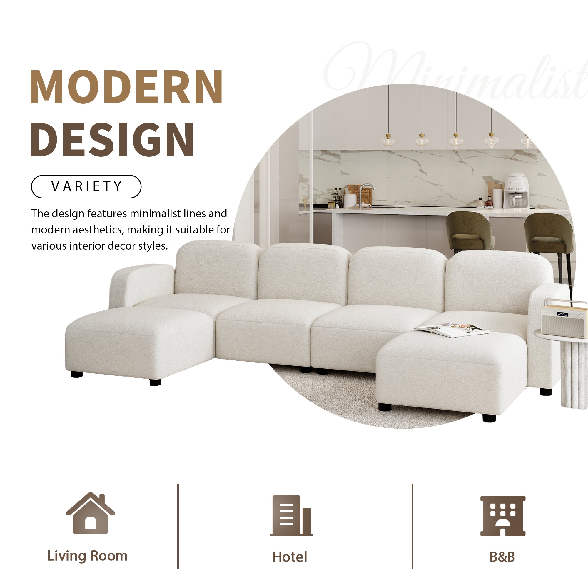 Modern U Shaped Sectional, Modular Comfy Couch with Ottoman, Beige
