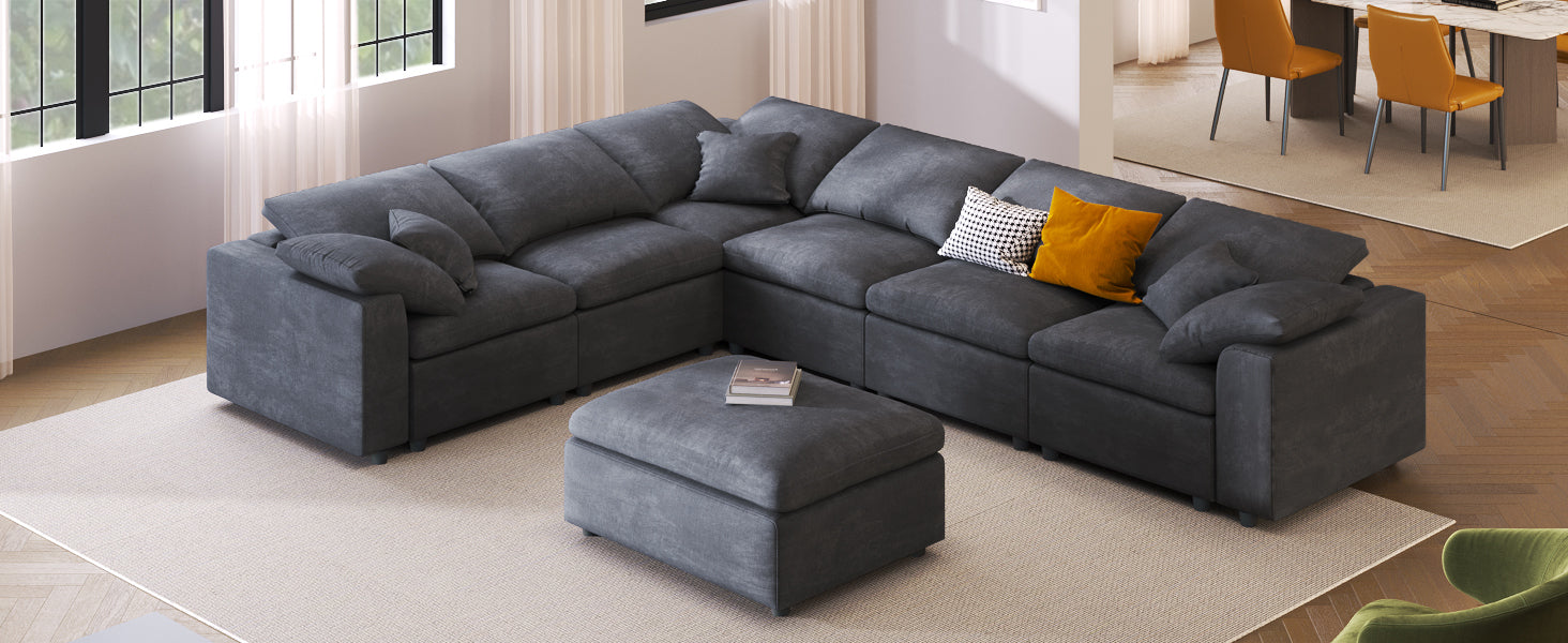 Large Modular Couch, U Shaped Sectional Sofa with Ottoman, Grey
