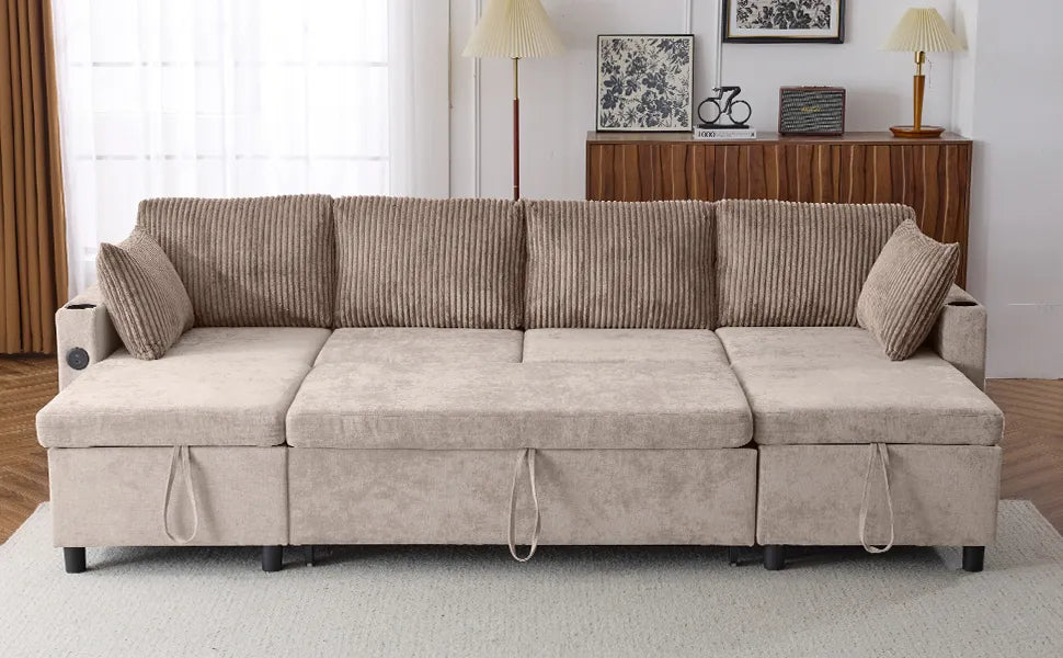Corduroy Couch with Chaise Sleeper, Sectional Sofa Pull-Out, Brown