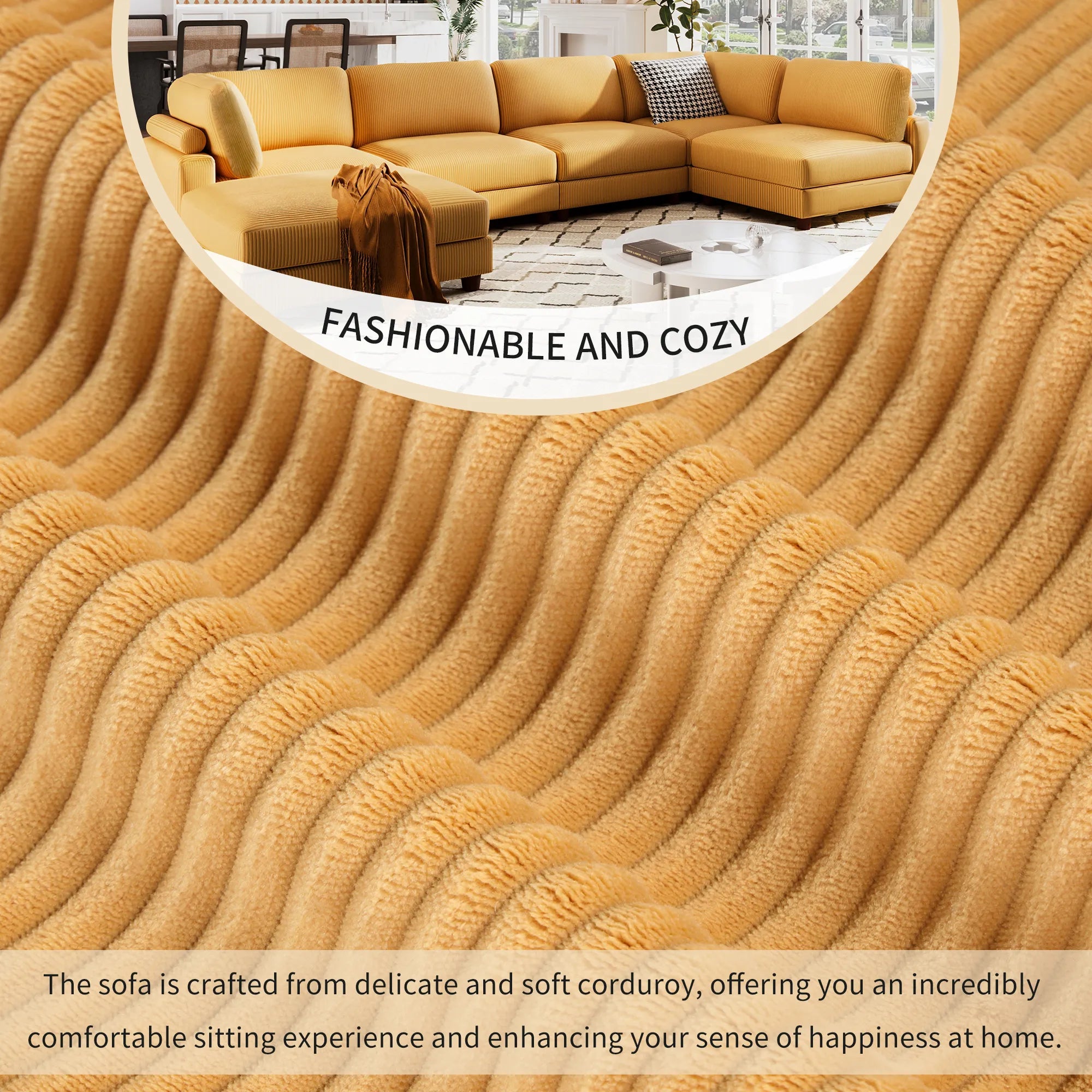 Large U-Shaped Sectional, Corduroy Couch with Ottoman, Yellow
