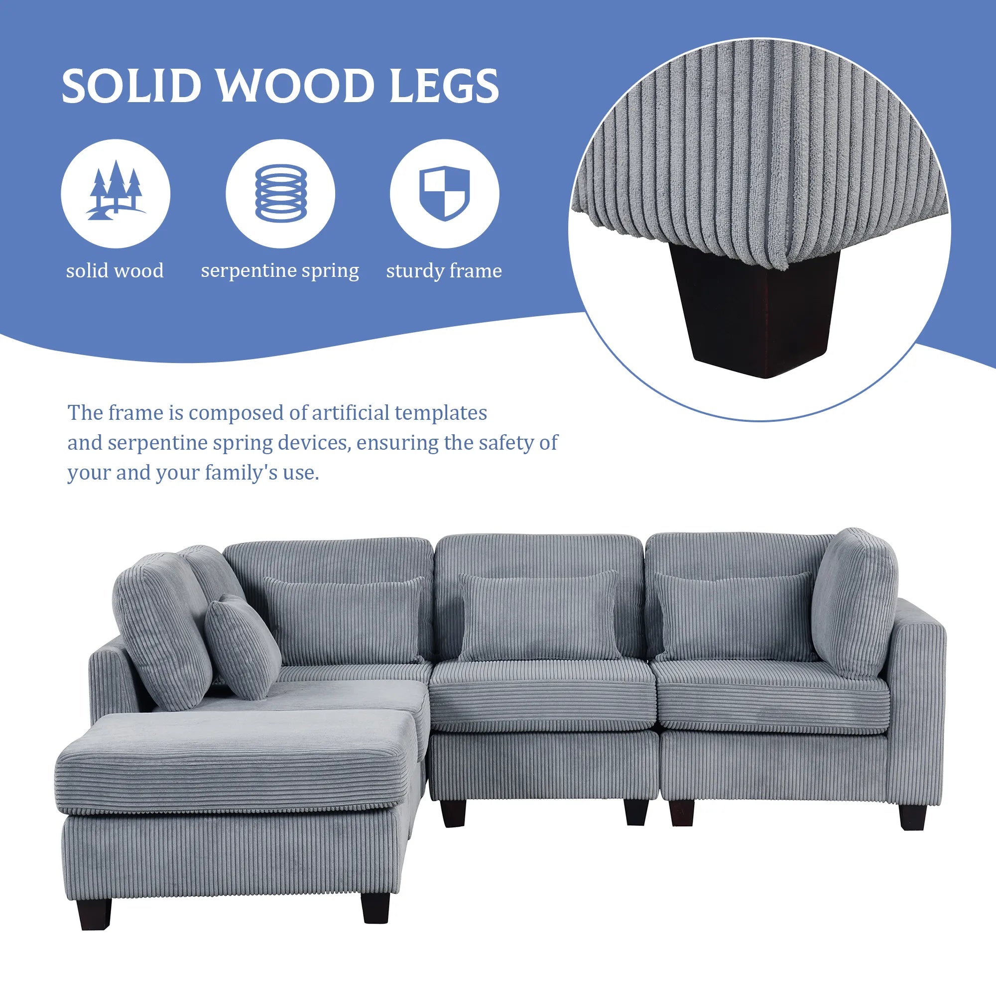 Louie Modular Sectional Sofa, Corduroy Couch with Ottoman - Grey