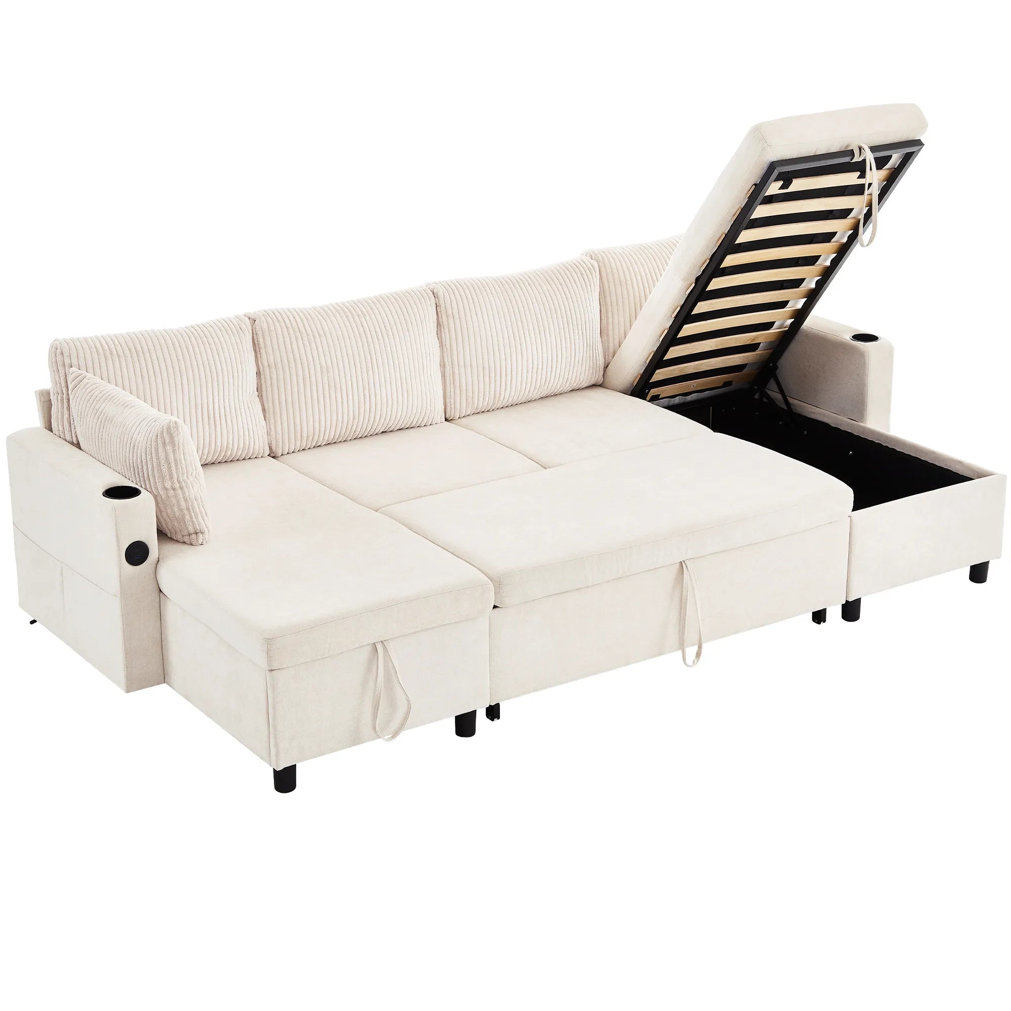 Corduroy Couch with Chaise Sleeper, Sectional Sofa Pull-Out, Beige