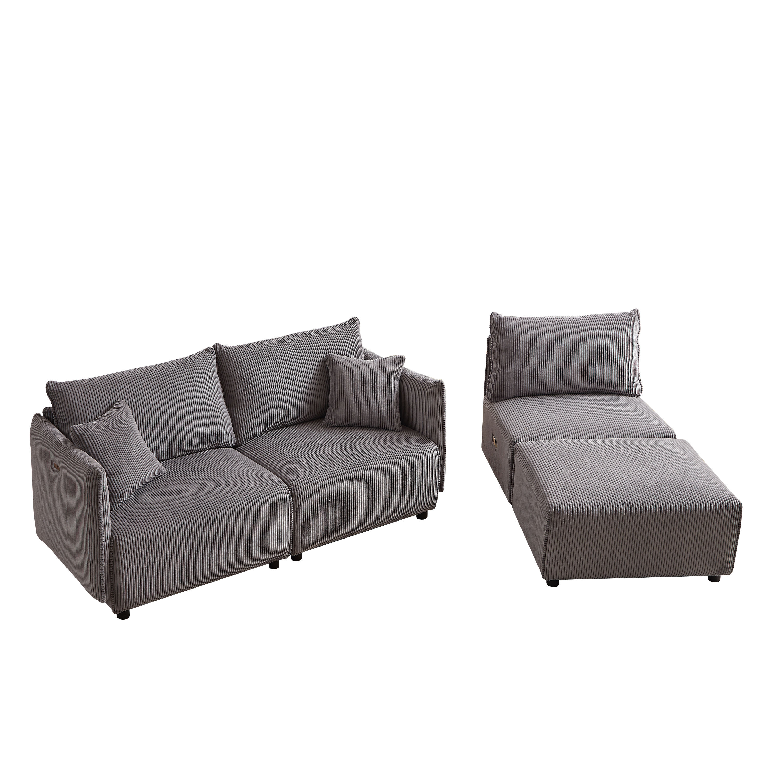 L Shape Modular Sectional Sofa, Corduroy Couch with Ottoman - Gray