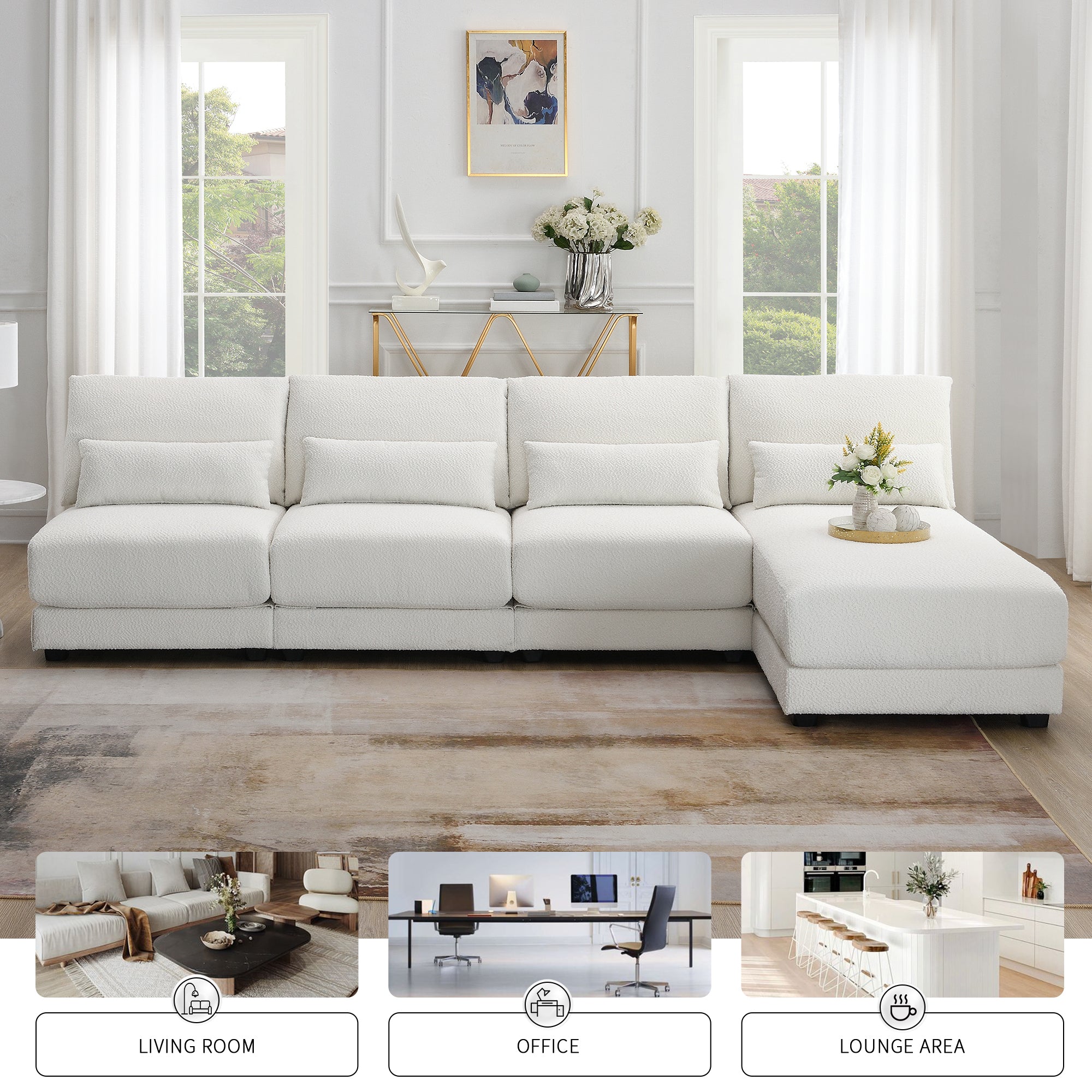L Shape Couch, Deep Seat Sectional Sofa with Reversible Chaise, Cream