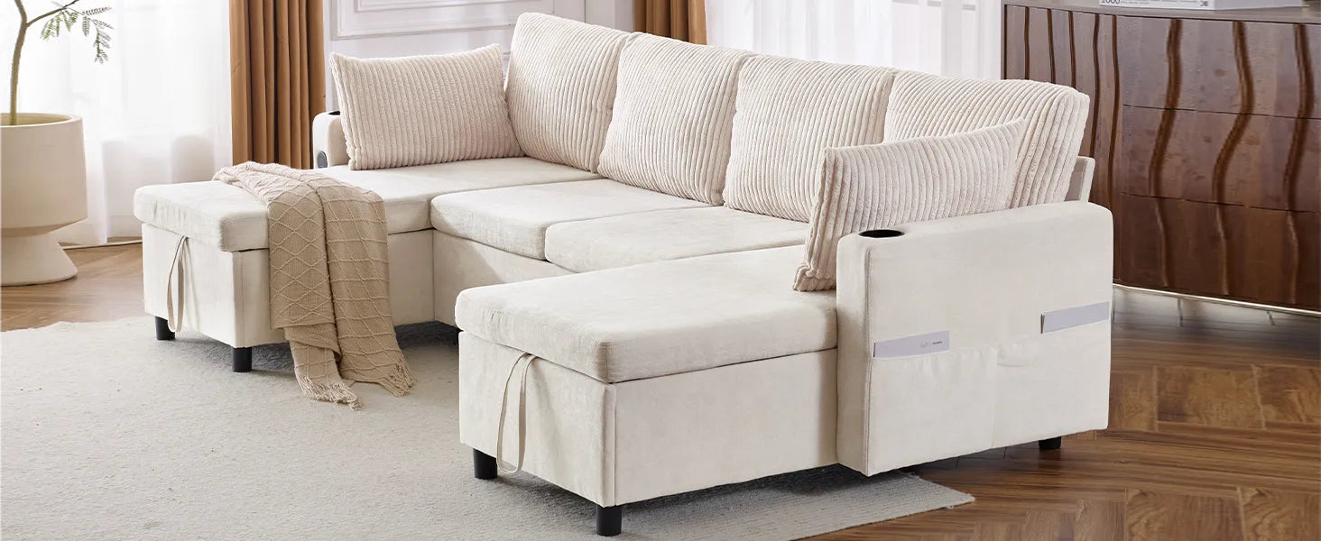 Corduroy Couch with Chaise Sleeper, Sectional Sofa Pull-Out, Beige