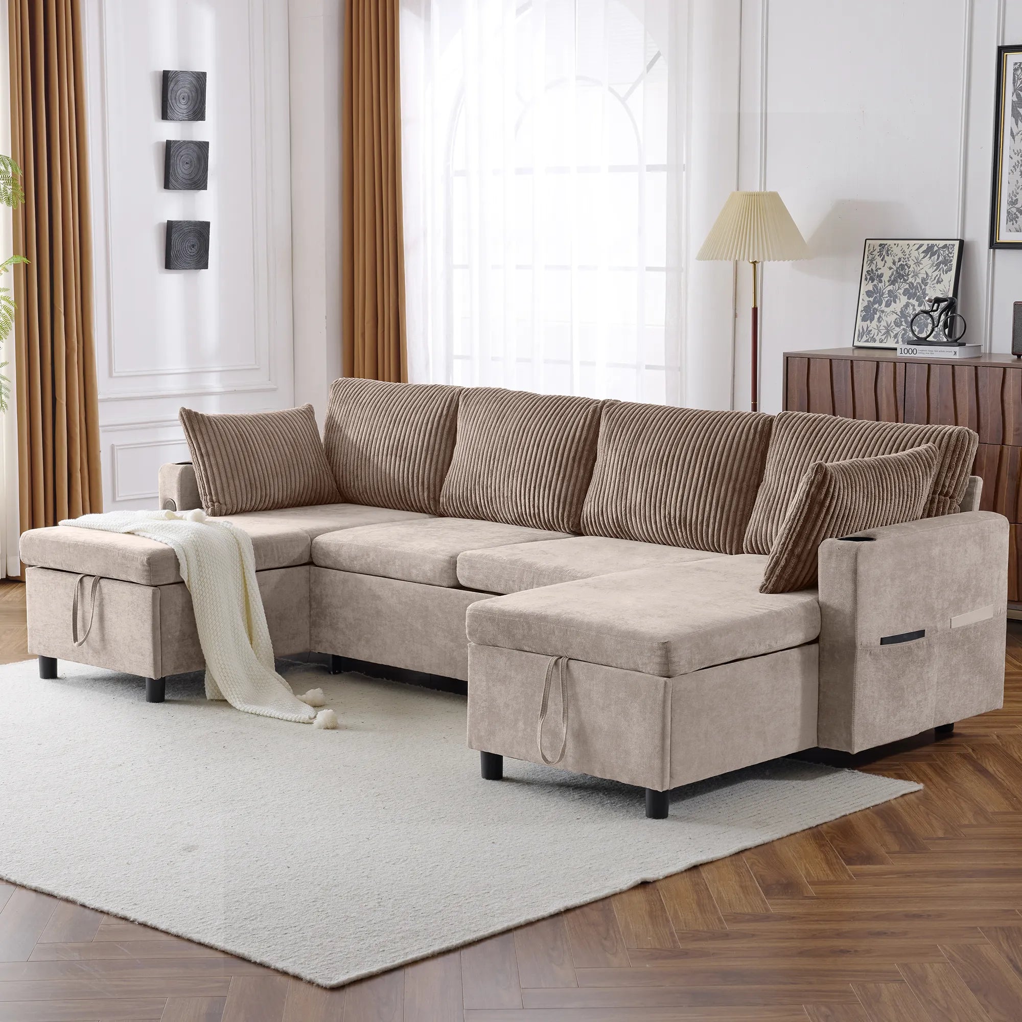 Corduroy Couch with Chaise Sleeper, Sectional Sofa Pull-Out, Brown