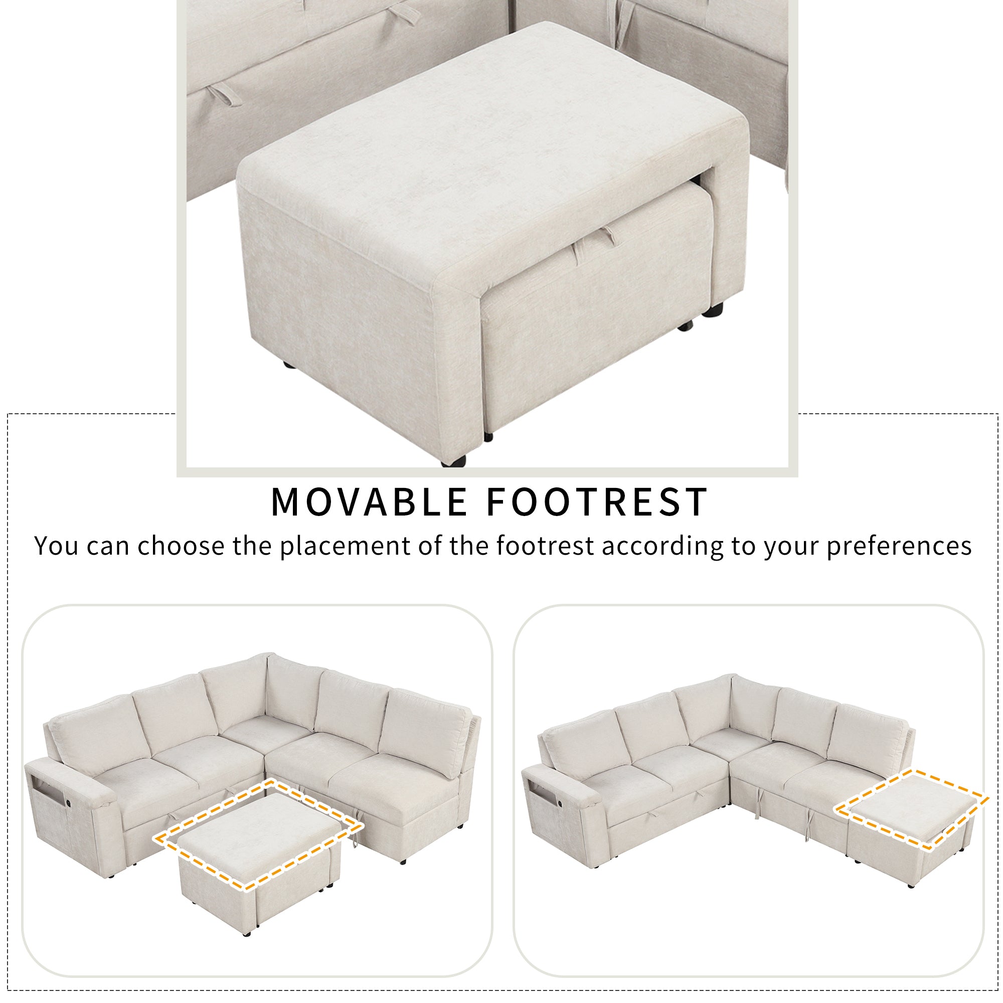 Sleeper Sectional, Sofa L Shape, Couch with Ottoman and Storage, Beige/Gray/Blue
