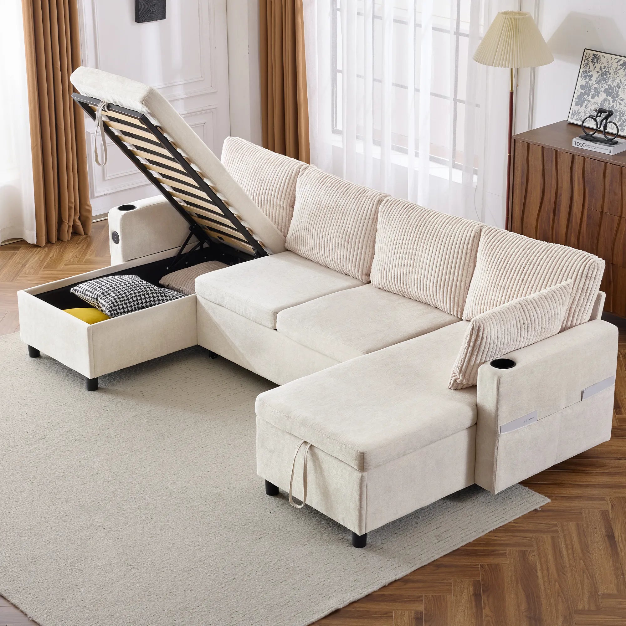 Corduroy Couch with Chaise Sleeper, Sectional Sofa Pull-Out, Beige