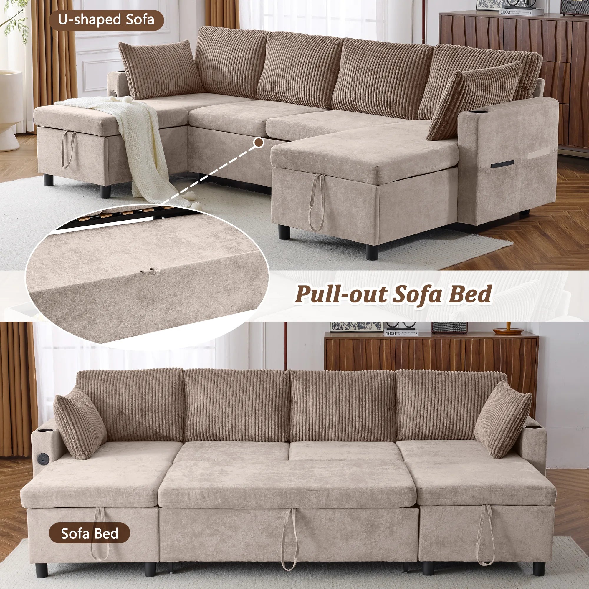 Corduroy Couch with Chaise Sleeper, Sectional Sofa Pull-Out, Brown