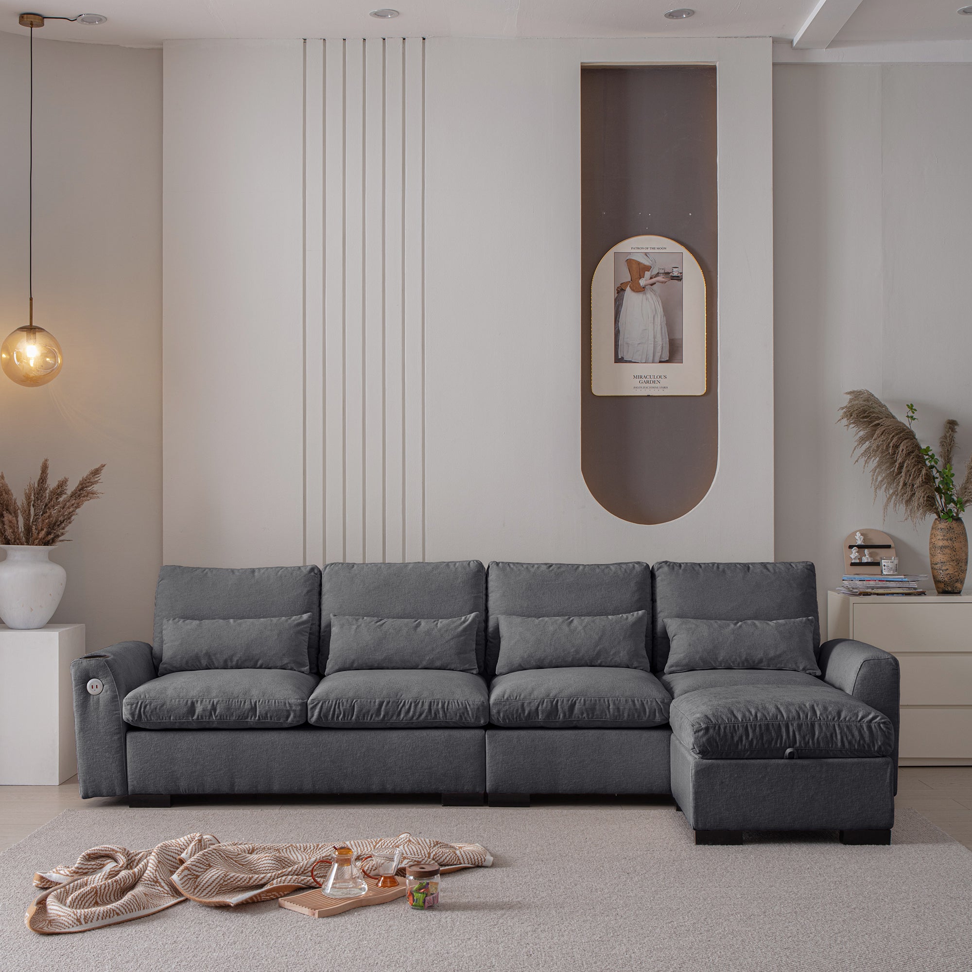 Louie Sectional Couch with Chaise, Sofa L-Shape with Ottoman Storage - Gray