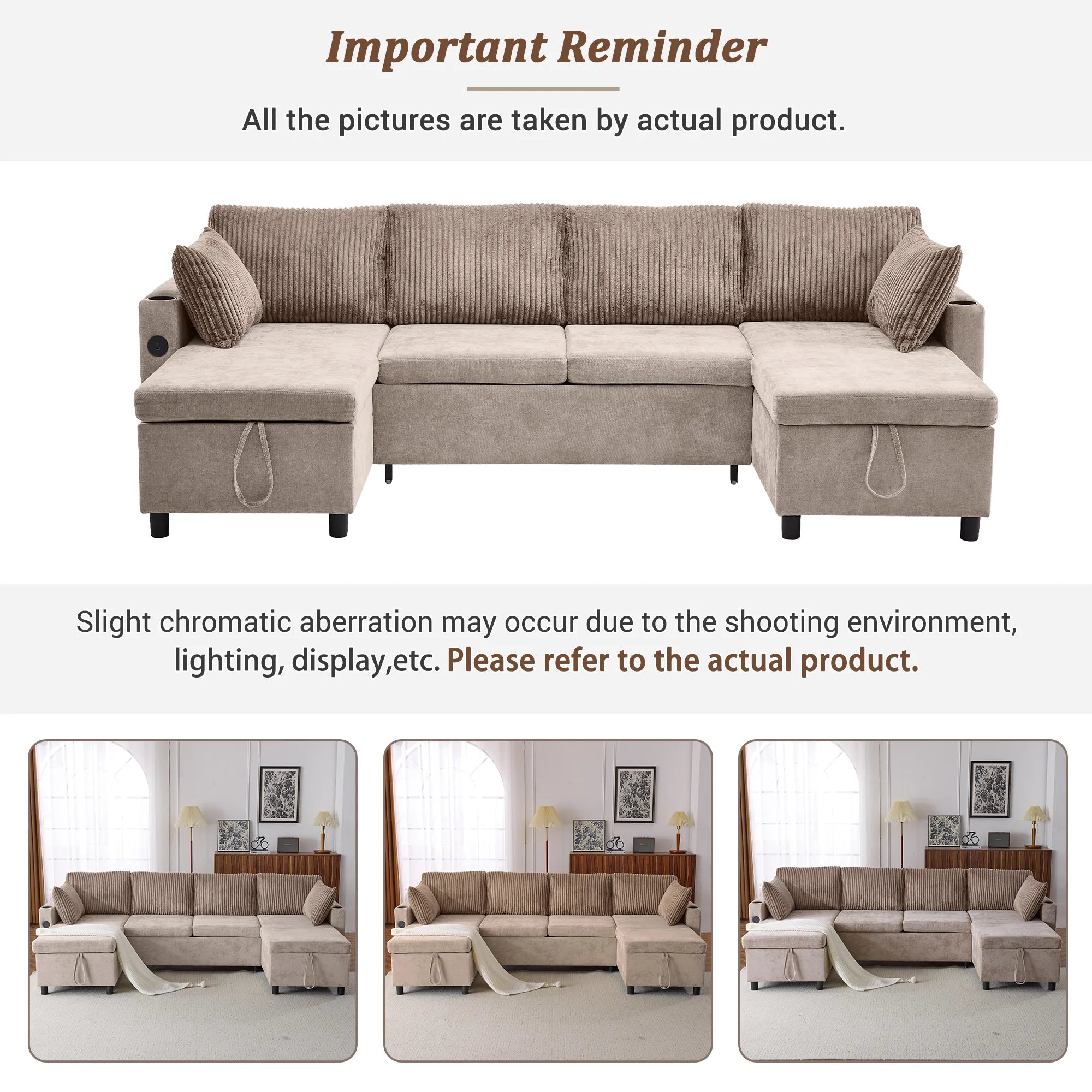 Corduroy Couch with Chaise Sleeper, Sectional Sofa Pull-Out, Brown