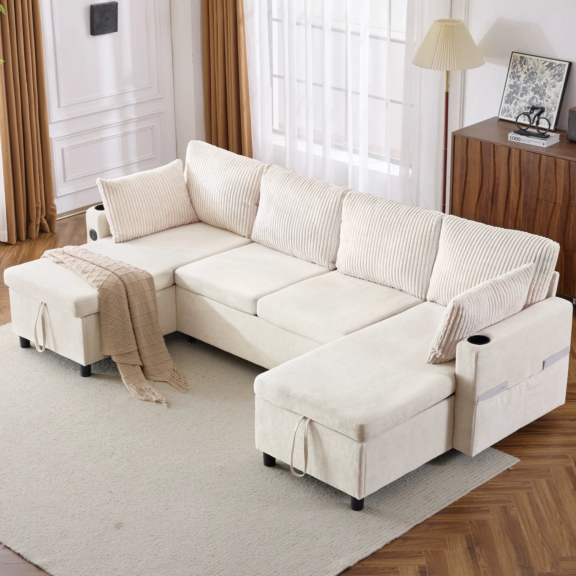 Corduroy Couch with Chaise Sleeper, Sectional Sofa Pull-Out, Beige