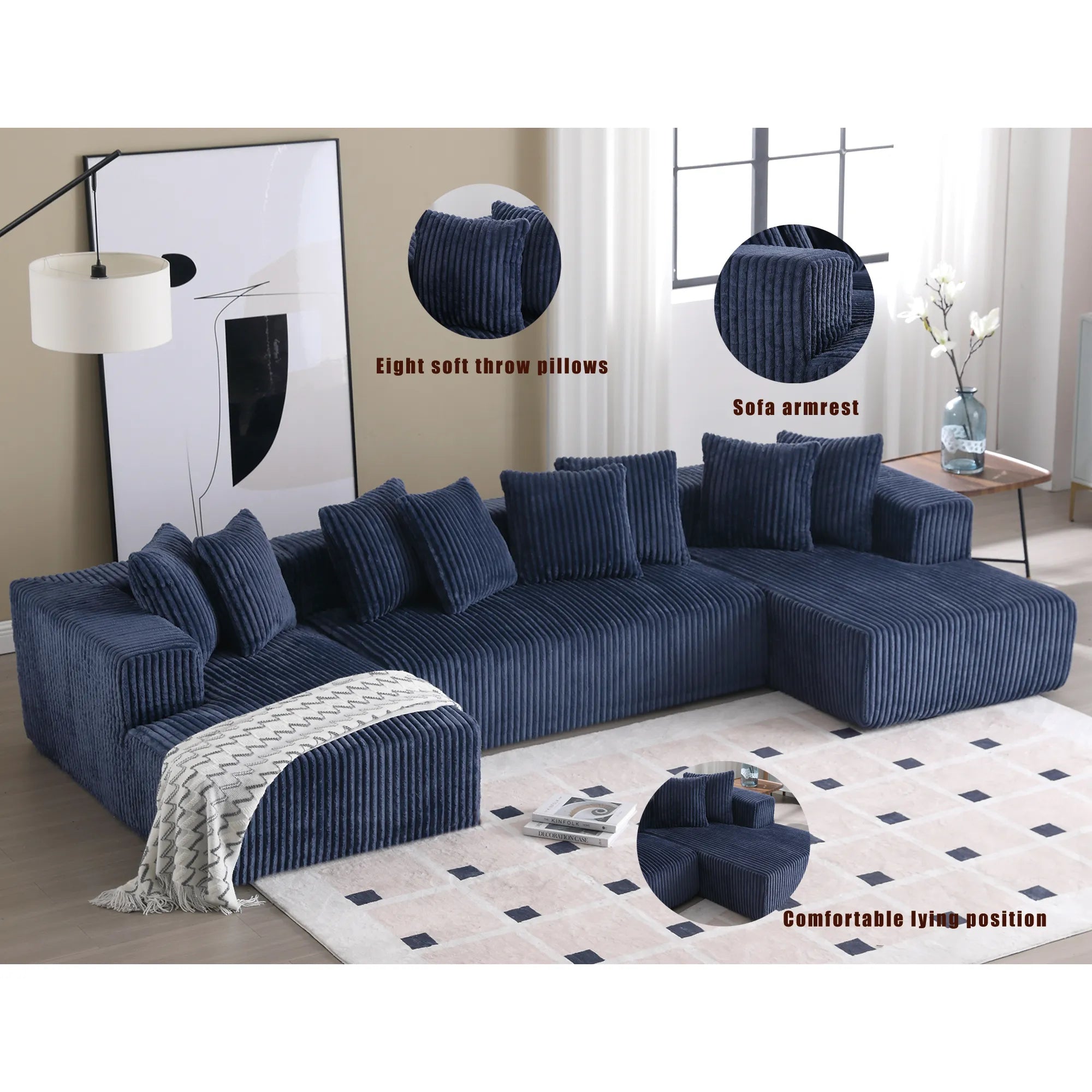Modular U Shaped Sectional, Corduroy Couch with Double Chaise, Blue