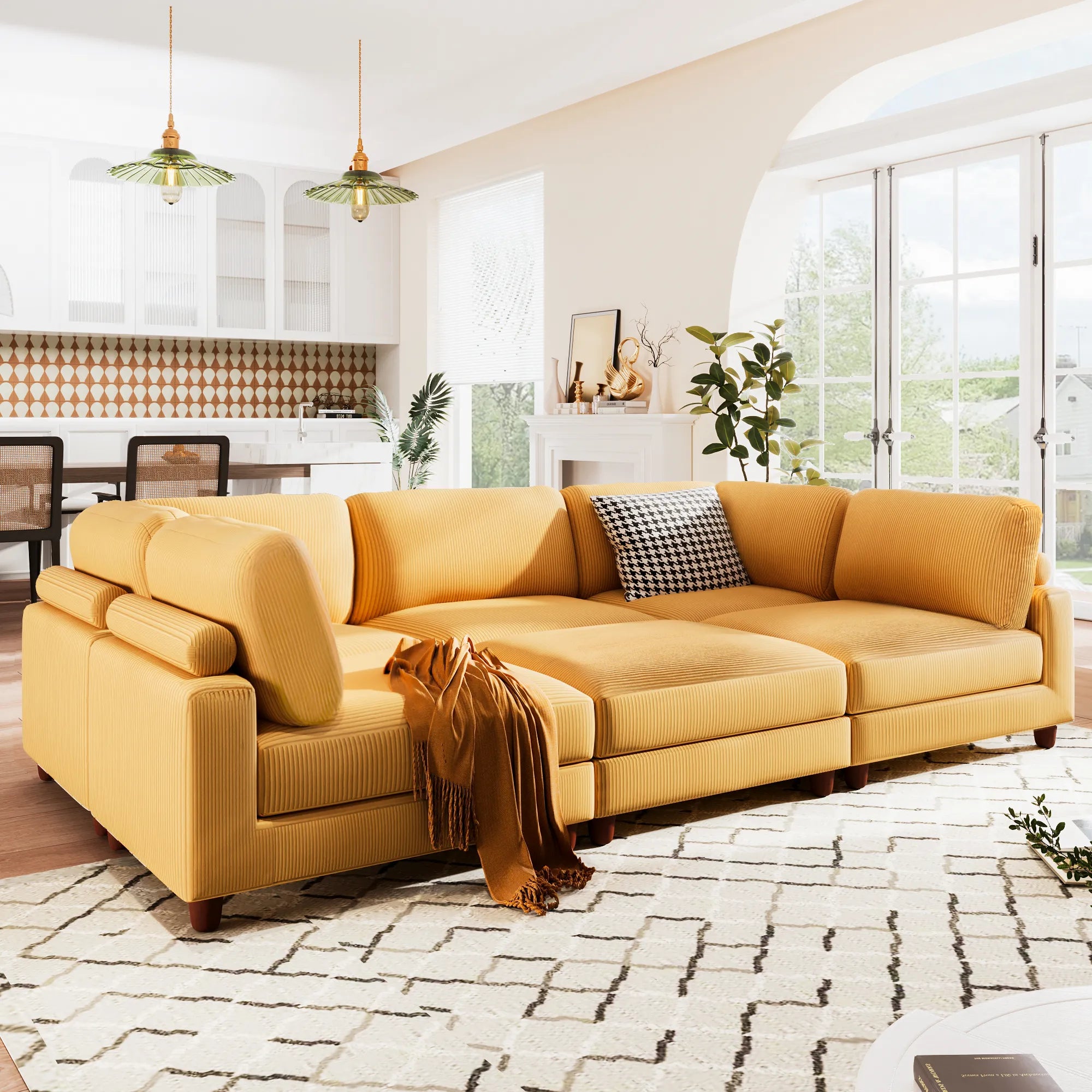 Large U-Shaped Sectional, Corduroy Couch with Ottoman, Yellow