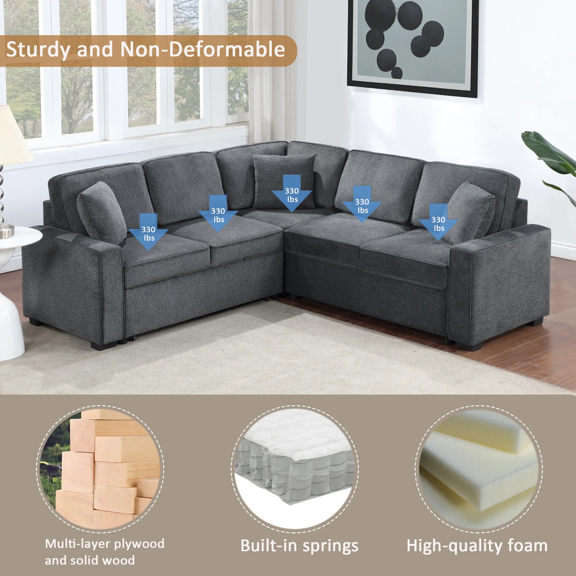 Louie Sleeper Sectional, Couch L Shape - Gray