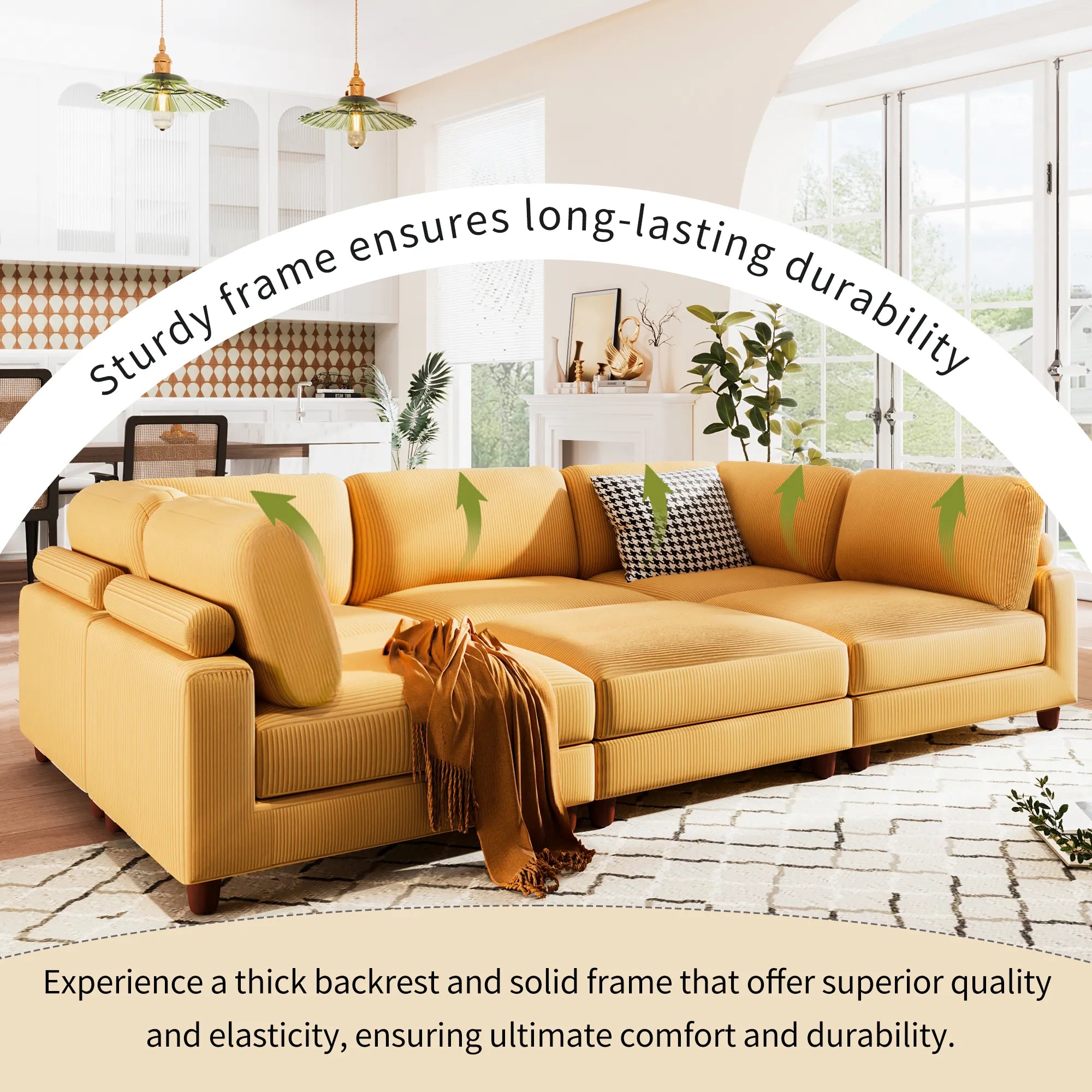 Large U-Shaped Sectional, Corduroy Couch with Ottoman, Yellow