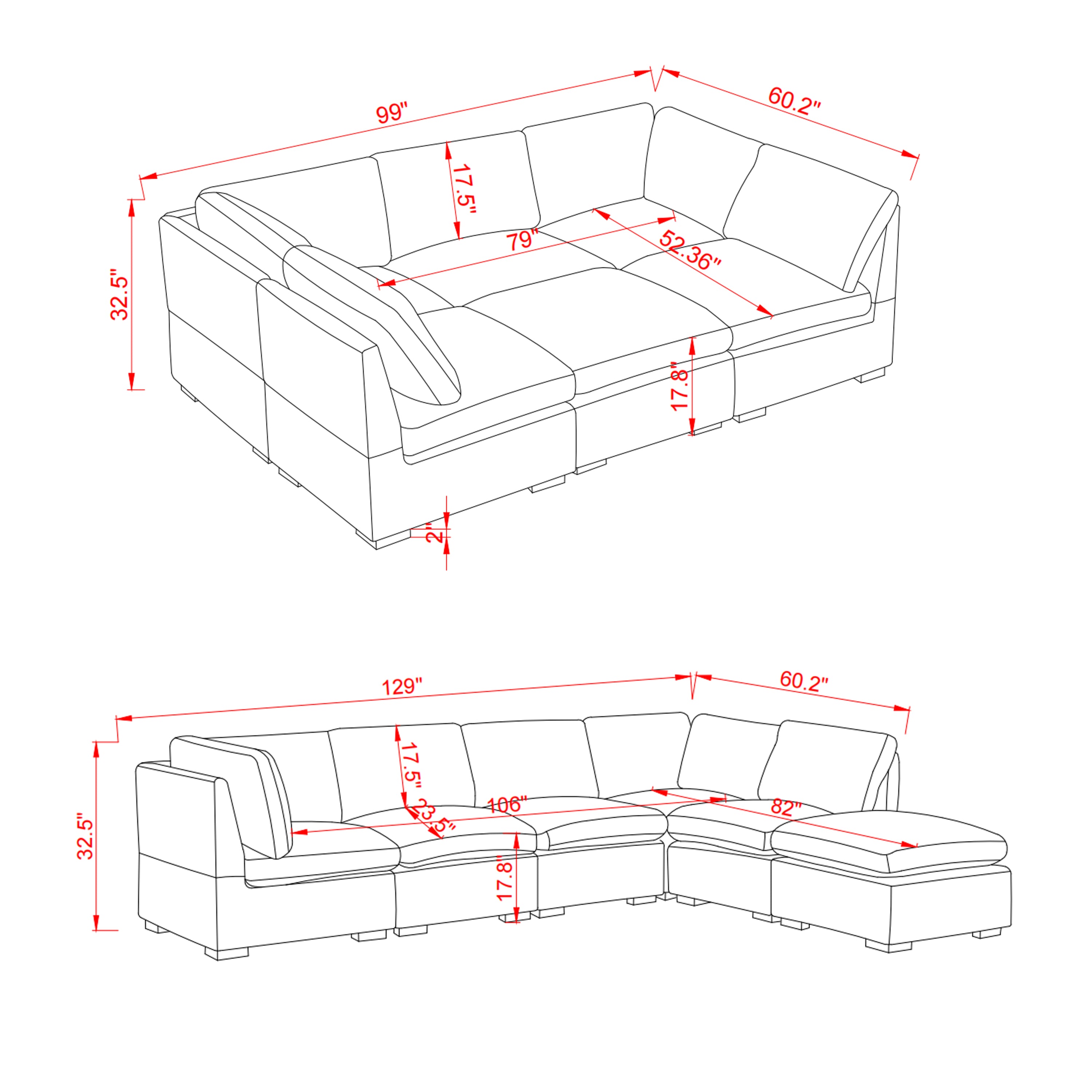 L-Shaped Couch, 6-Seat Corduroy Sofa, Couch with Ottoman