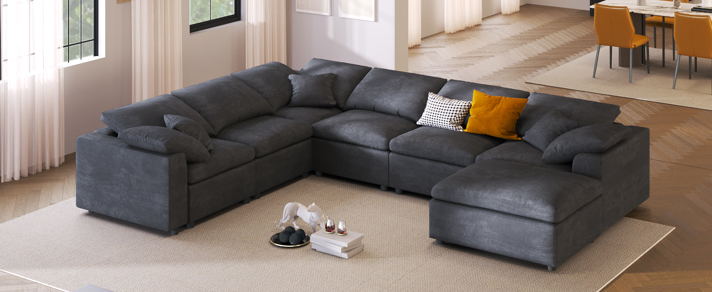 Large Modular Couch, U Shaped Sectional Sofa with Ottoman, Grey