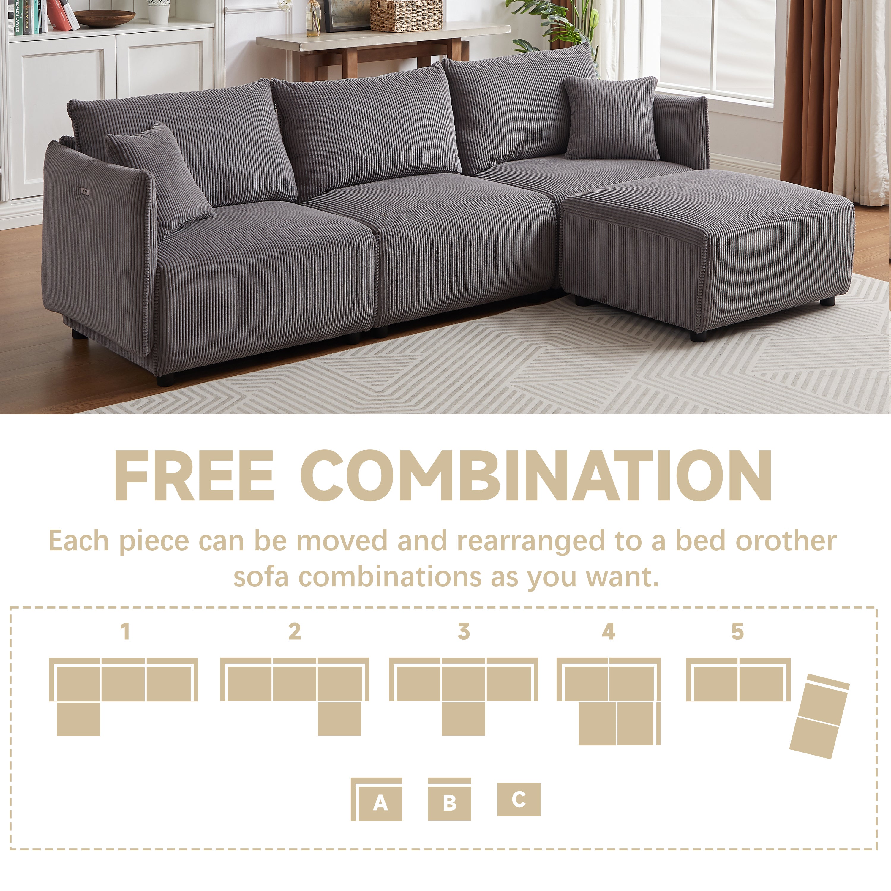 L Shape Modular Sectional Sofa, Corduroy Couch with Ottoman - Gray