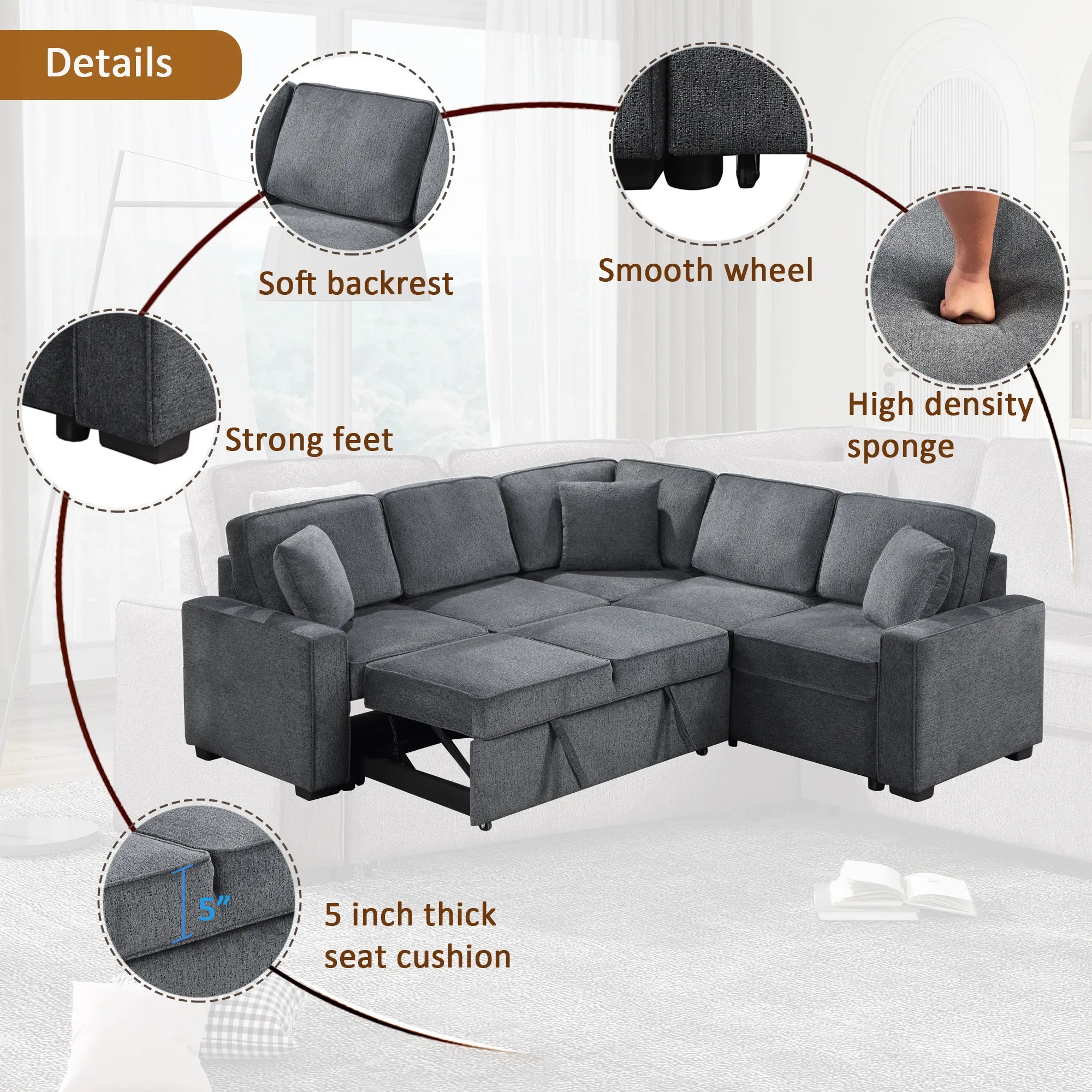 Louie Sleeper Sectional, Couch L Shape - Gray