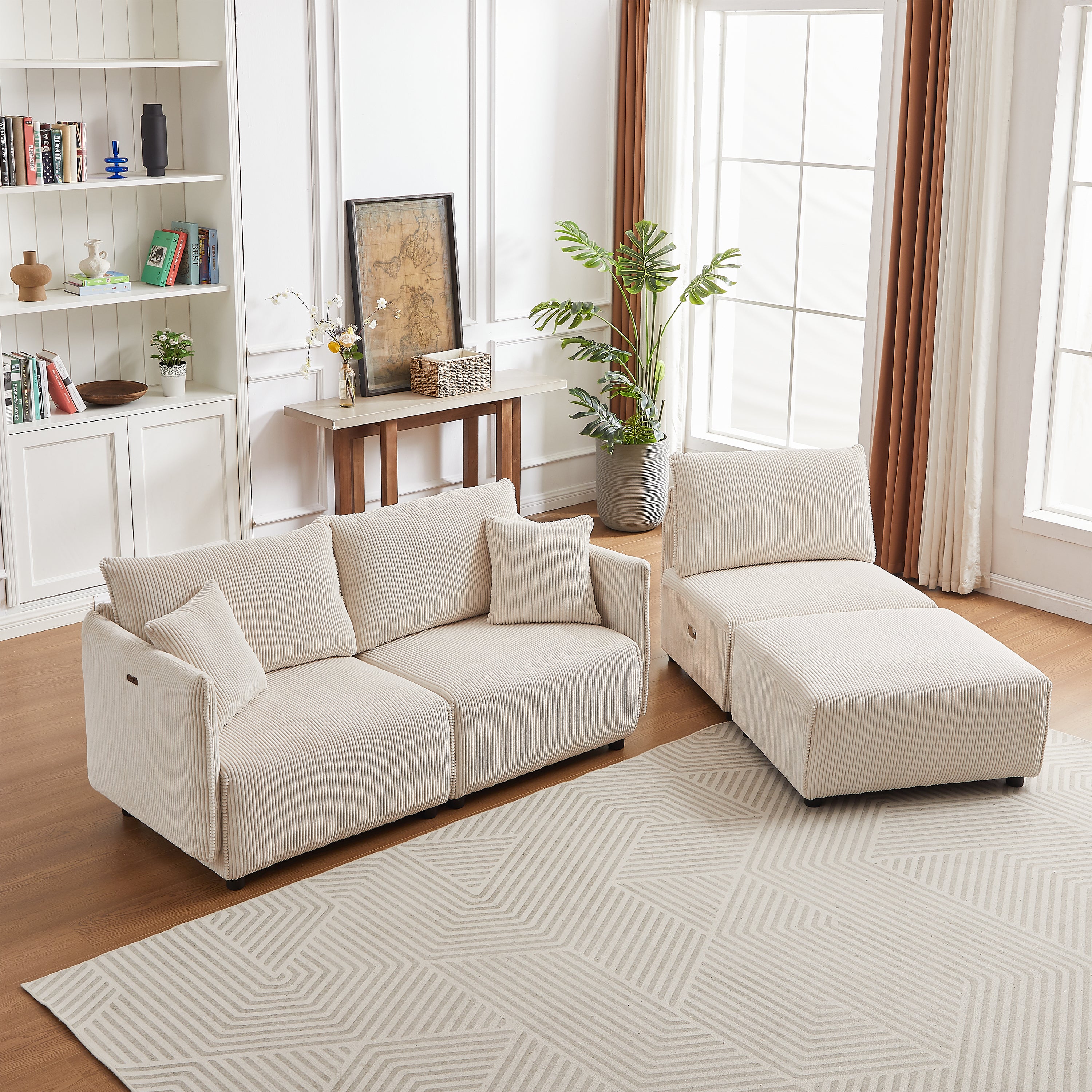 L Shape Modular Sectional Sofa, Corduroy Couch with Ottoman - Beige