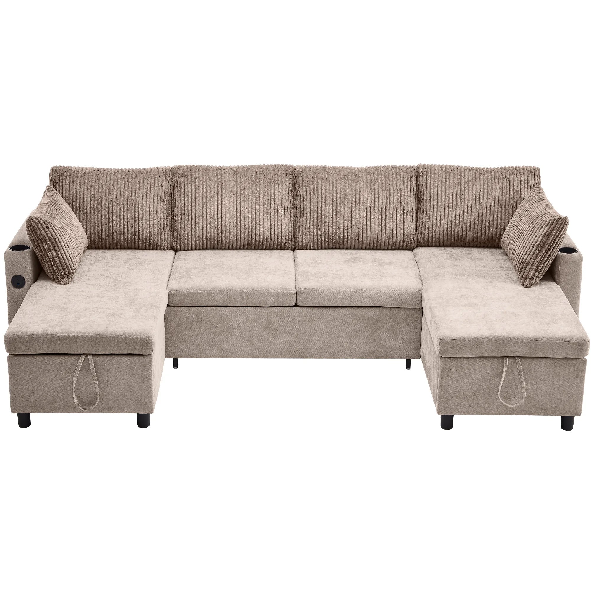 Corduroy Couch with Chaise Sleeper, Sectional Sofa Pull-Out, Brown