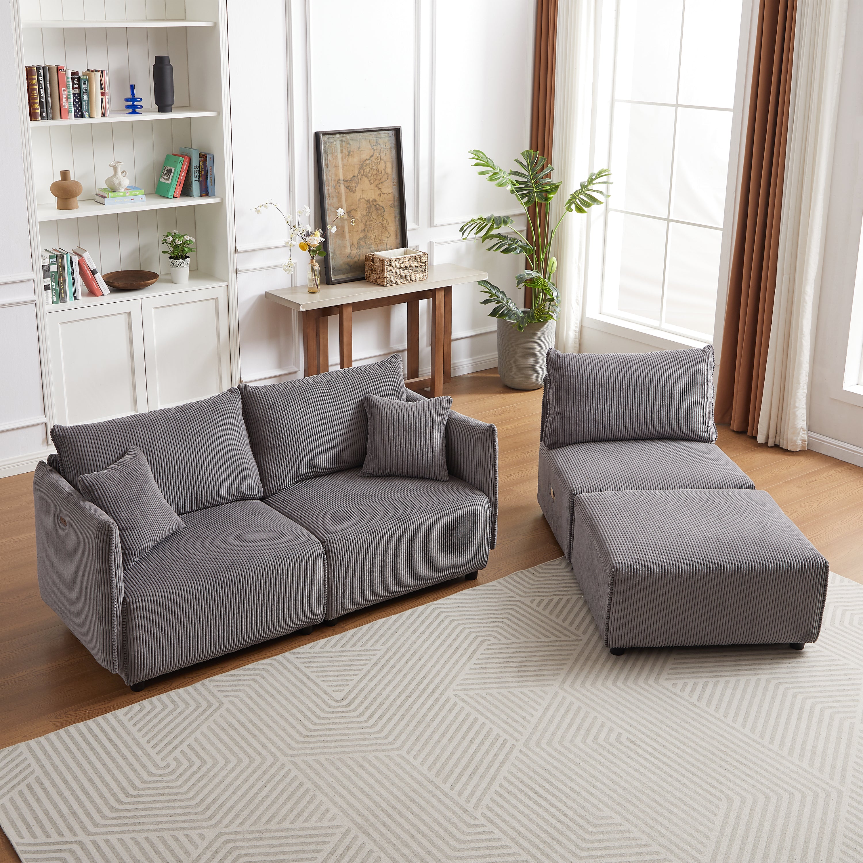 L Shape Modular Sectional Sofa, Corduroy Couch with Ottoman - Gray
