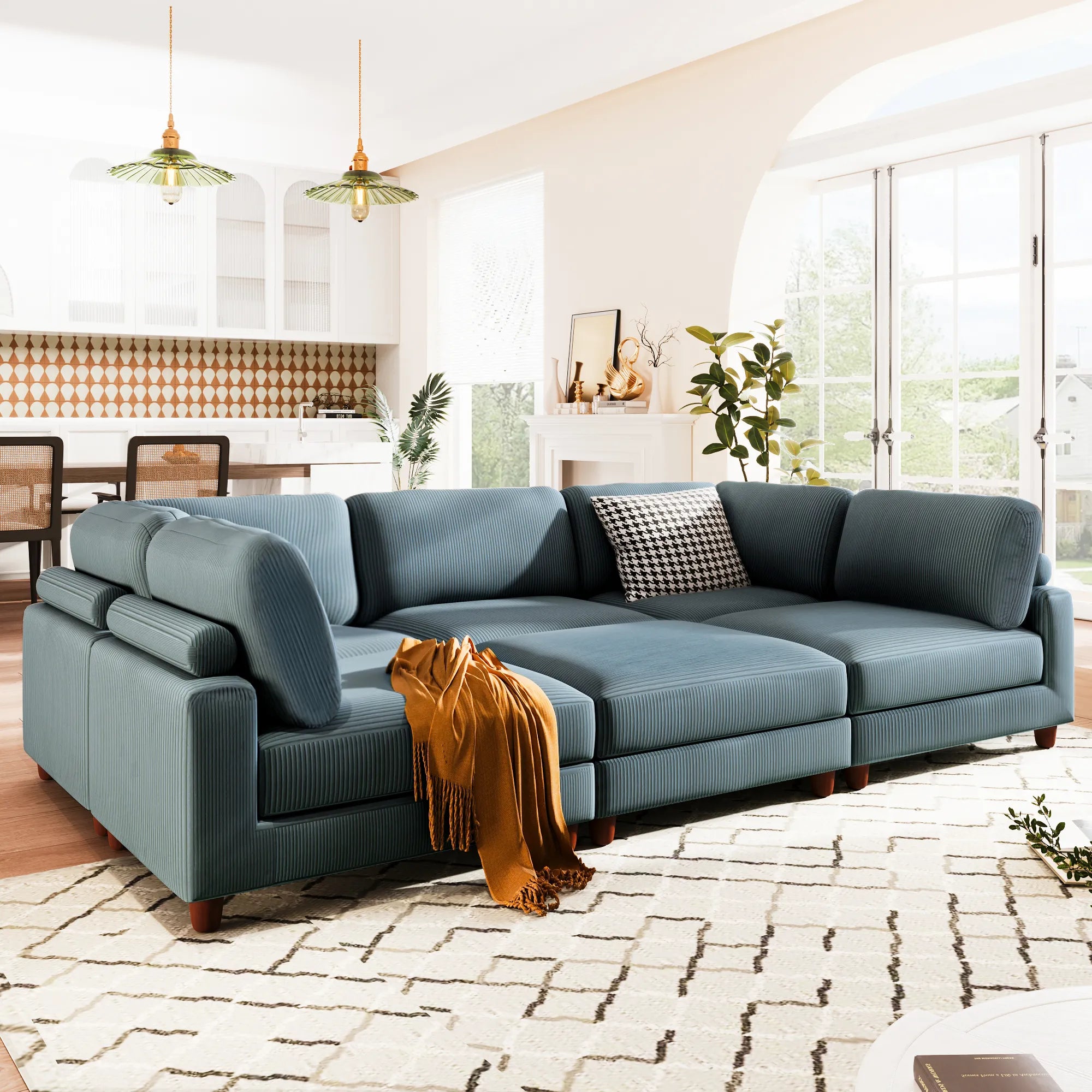 Large U-Shaped Sectional, Corduroy Couch with Ottoman, Blue